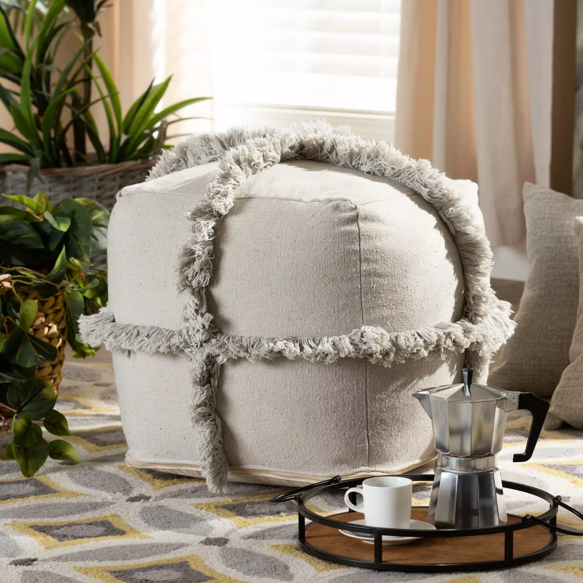 Baxton Studio Handwoven Moroccan Pouf Gray