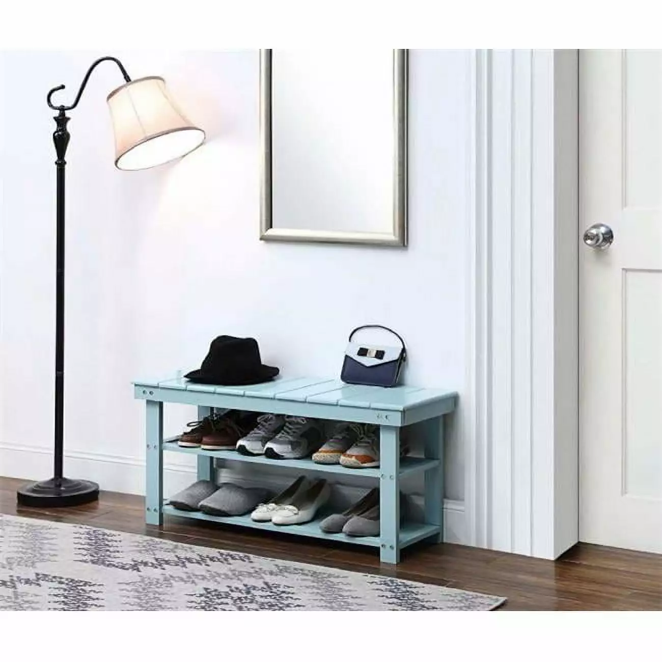 Oxford Utility Mudroom Bench Shelves Sea Foam Blue Entryway Storage Benches Convenience Concepts