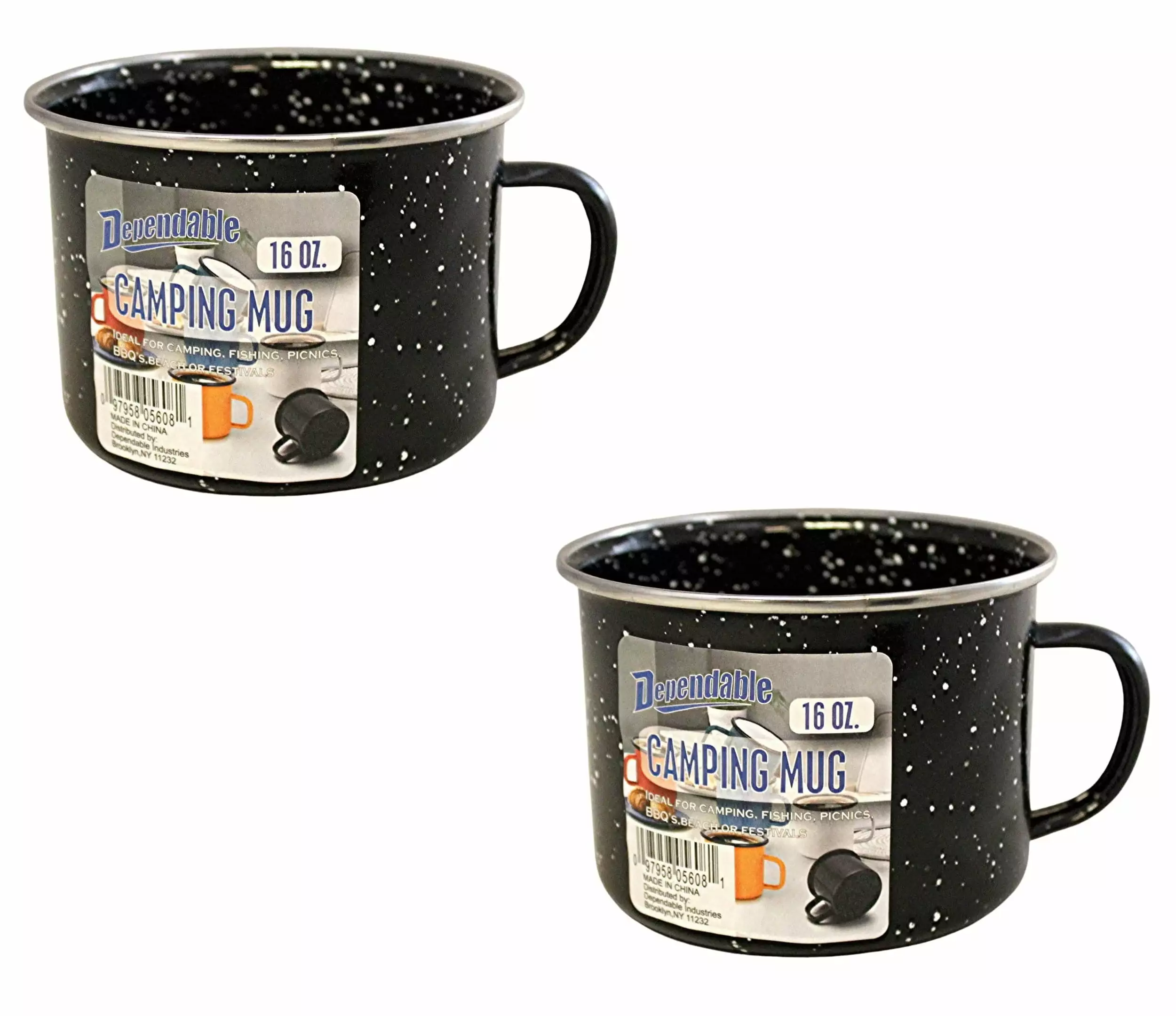 Dependable Industries 16oz Black Enamel Mugs 2-Pack Camping Mug Set Hot and Cold Drinks