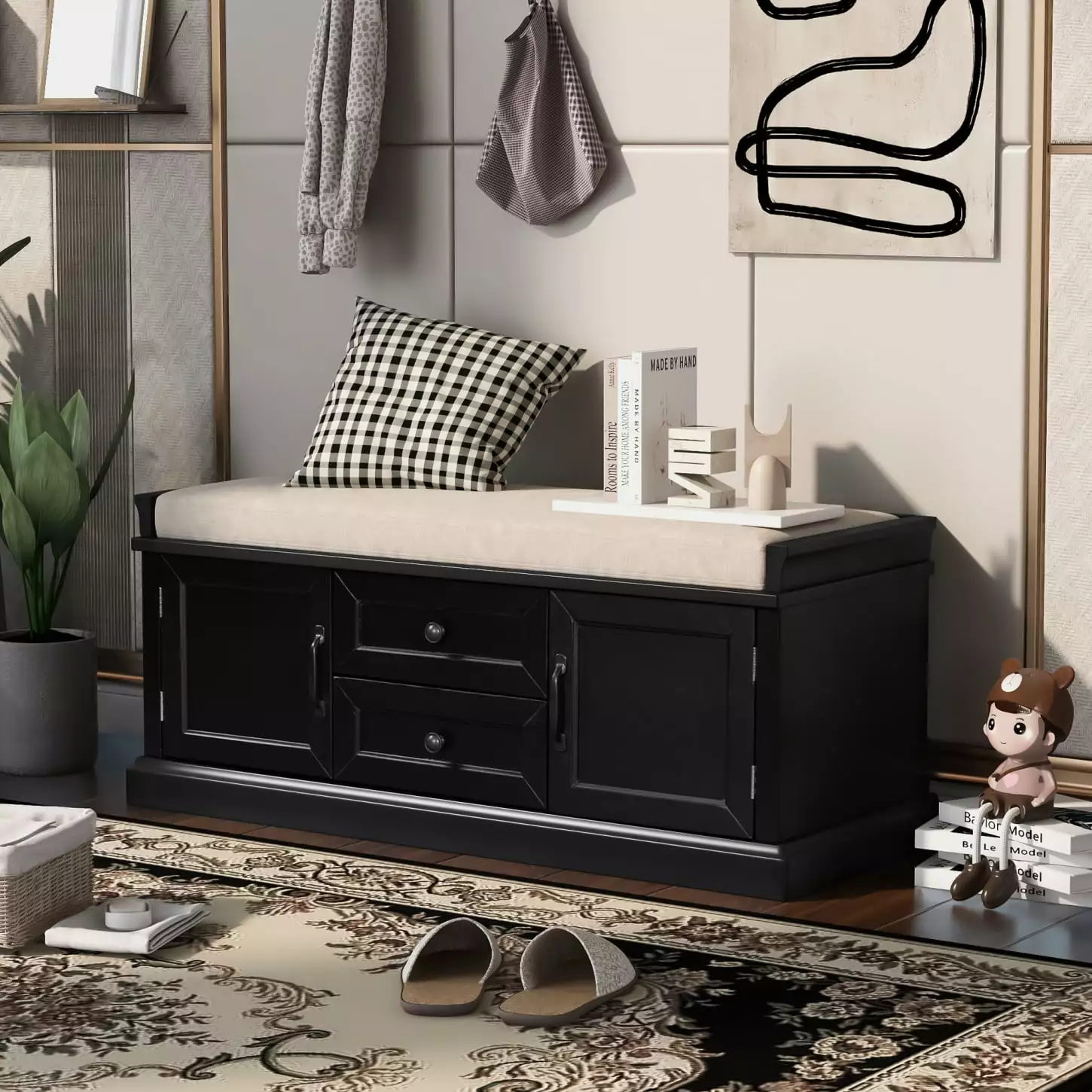 Black Storage Bench Entryway & Living Room Solid Wood Construction 2 Drawers 2 Cabinets and Removable Cushioned Seat Bench...