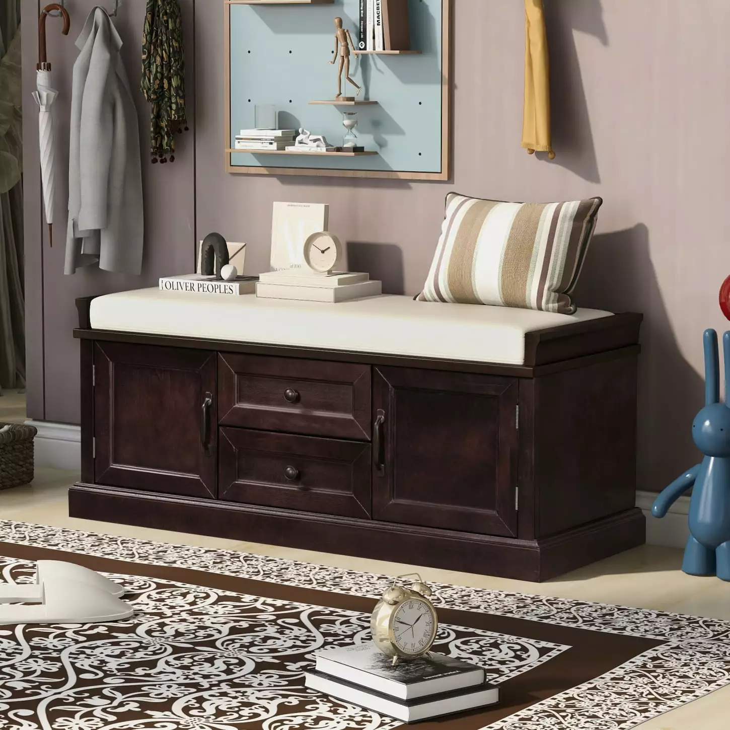 Espresso Solid Wood Storage Bench Entryway 2 Drawers 2 Cabinets and Velvet Cushion Living Room or Foyer Benches HATNOKIL