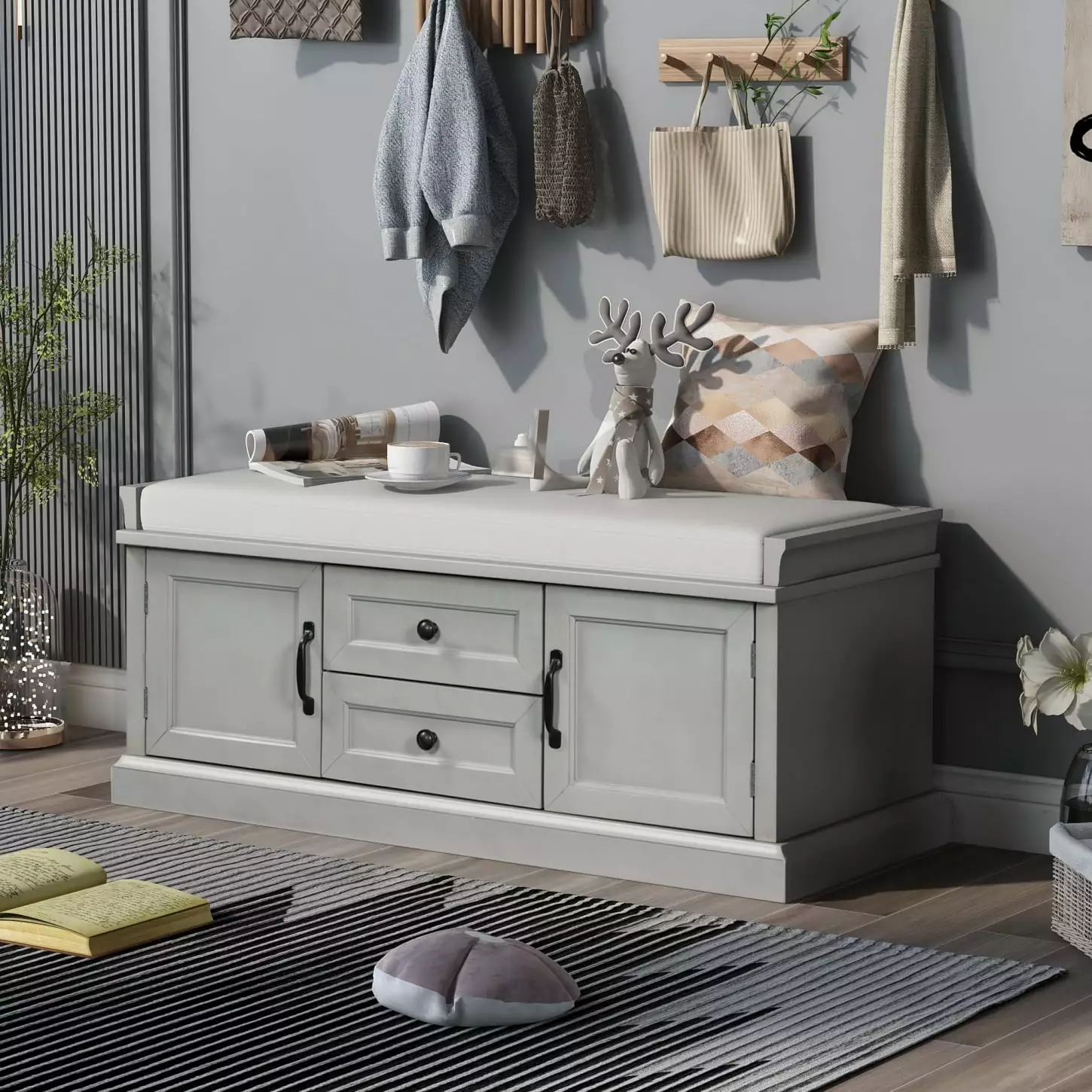 Gray Wash Solid Wood Storage Bench 2 Drawers and 2 Cabinets Retro Aluminum Handles and Velvet Cushion Entryway or Living R...