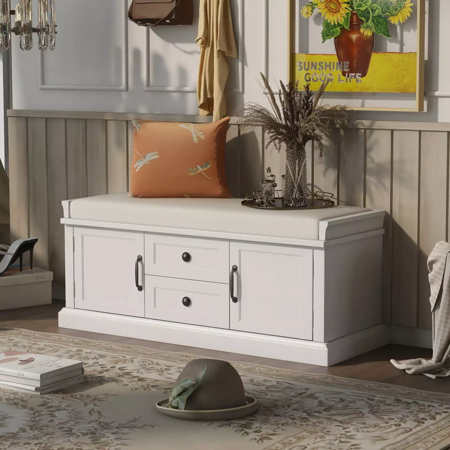 White Storage Bench Retro Aluminum Handles and 2 Drawers 2 Cabinets Velvet Cushion Entryway or Living Room Benches HATNOKIL