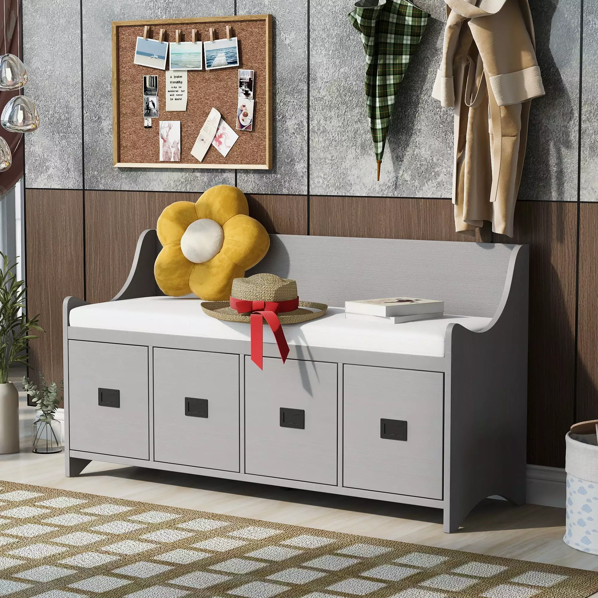 TREXM Movable Cushion Storage Bench Drawers and Backrest - Gray Wash Entryway or Living Room Benches Ghislaine