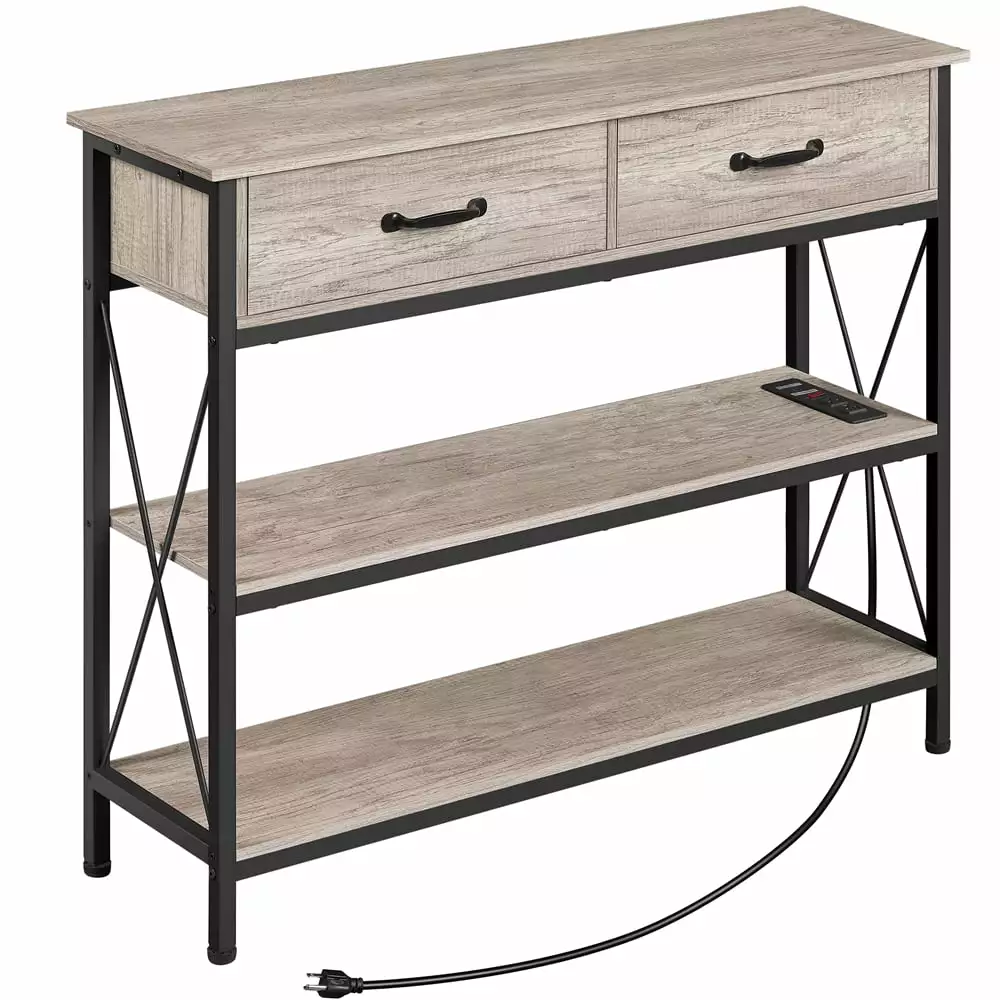 SMILE MART 3 Tier Gray Console Table Power Outlet 2 Drawers 2 Shelves Entryway Console