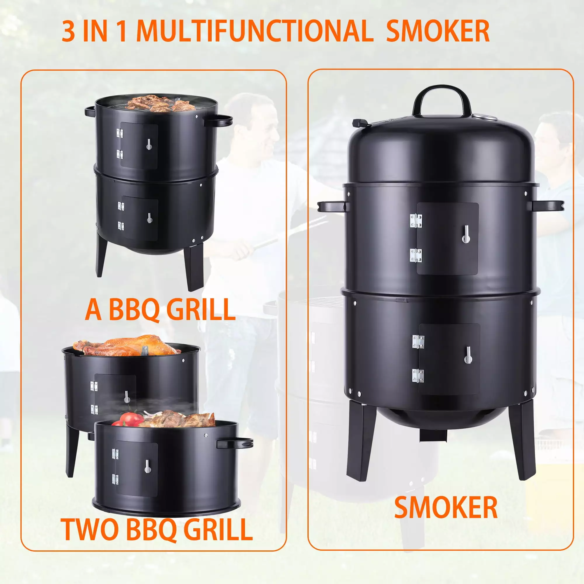 Travel-friendly Charcoal Smoker Grills Outdoor BBQ Grill Smoker Cooking Three-Layer Barbecue Grill Steel Smoker PopStore