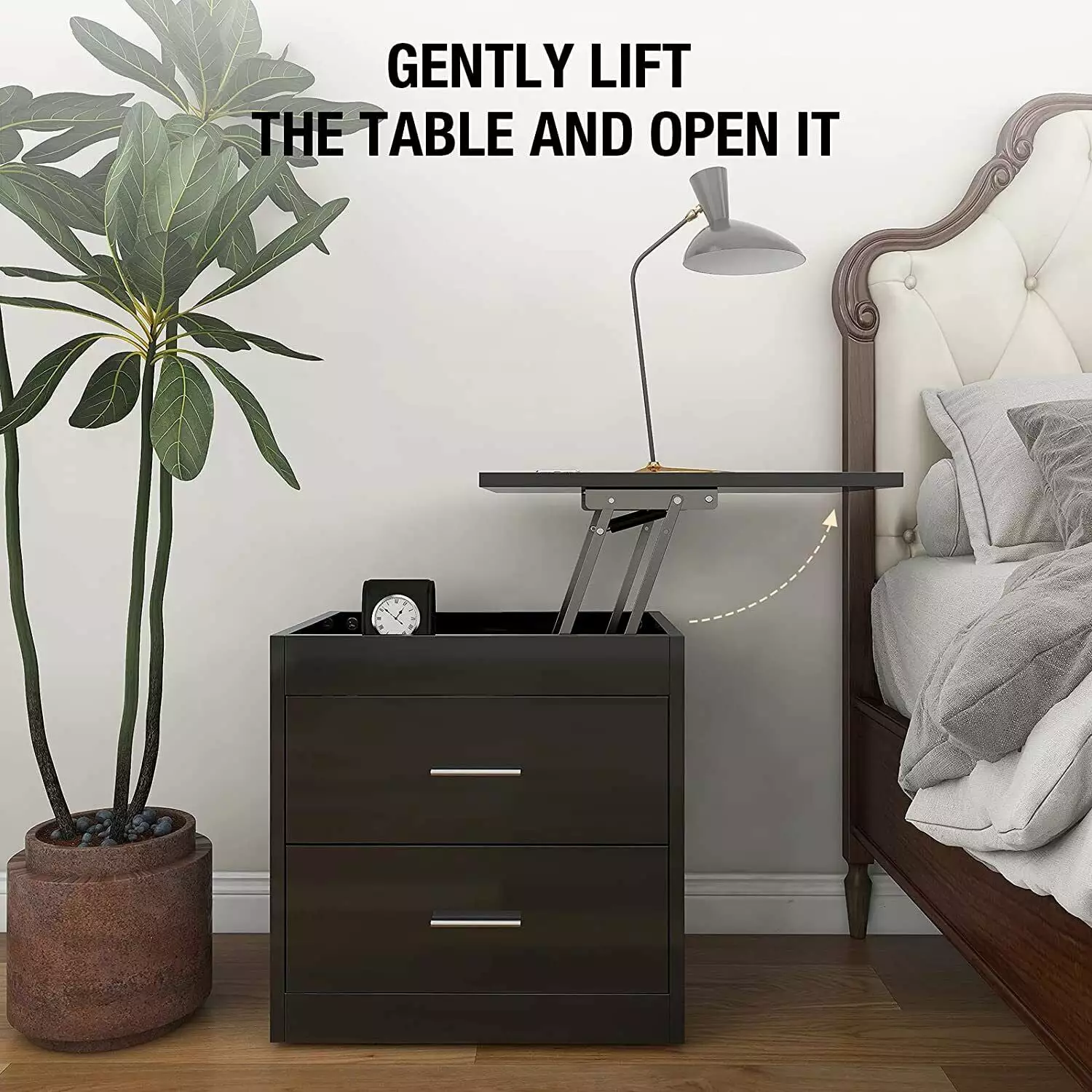 2 1 Nightstand Lift Top and Computer Table Height Adjustable Bedside Table Hidden Storage Black Mukiss
