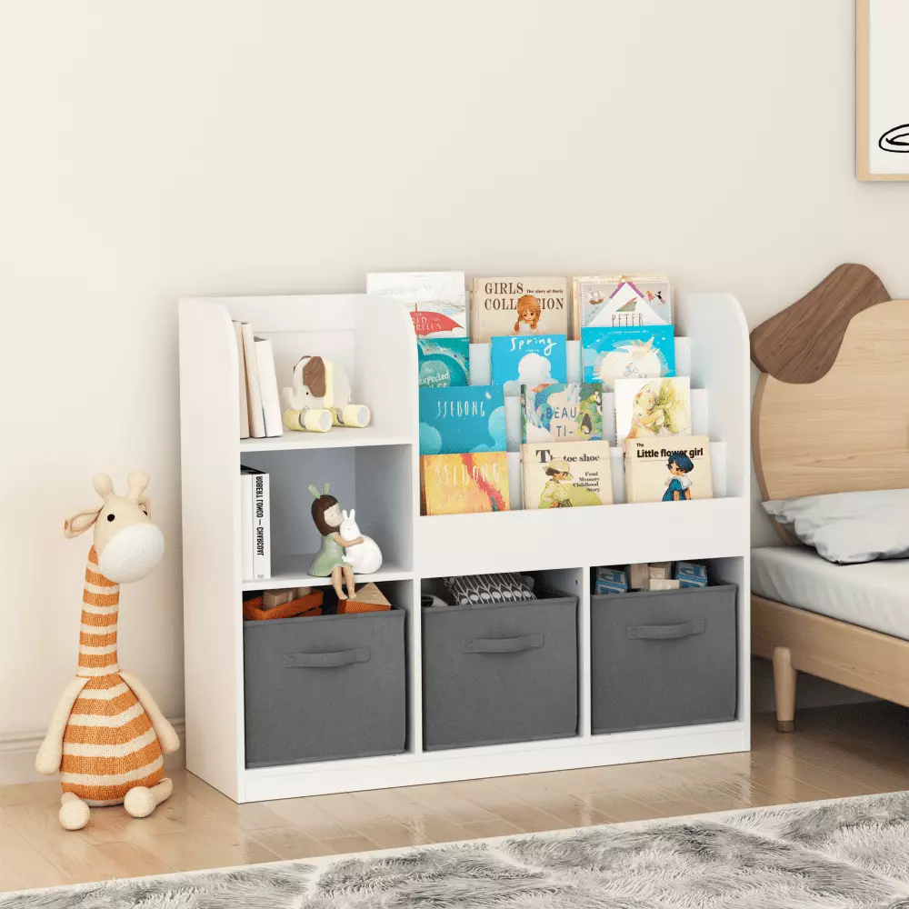 Kids Bookcase 3 Collapsible Fabric Drawers Toy Storage Organizer White Gray Hmluxury