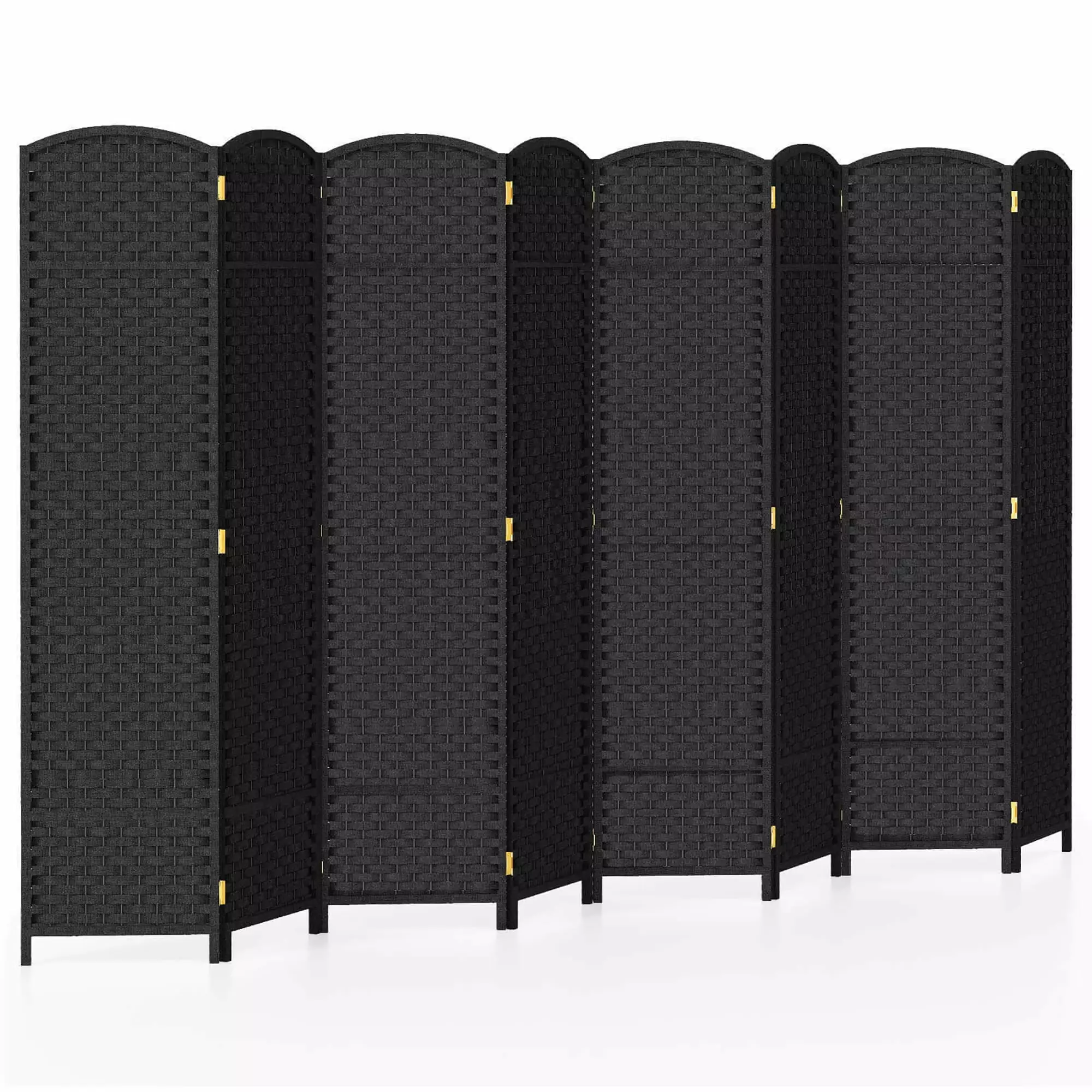 Gymax 8-Panel Folding Room Divider Privacy Screen Hand-woven Texture and Wood Frame Black