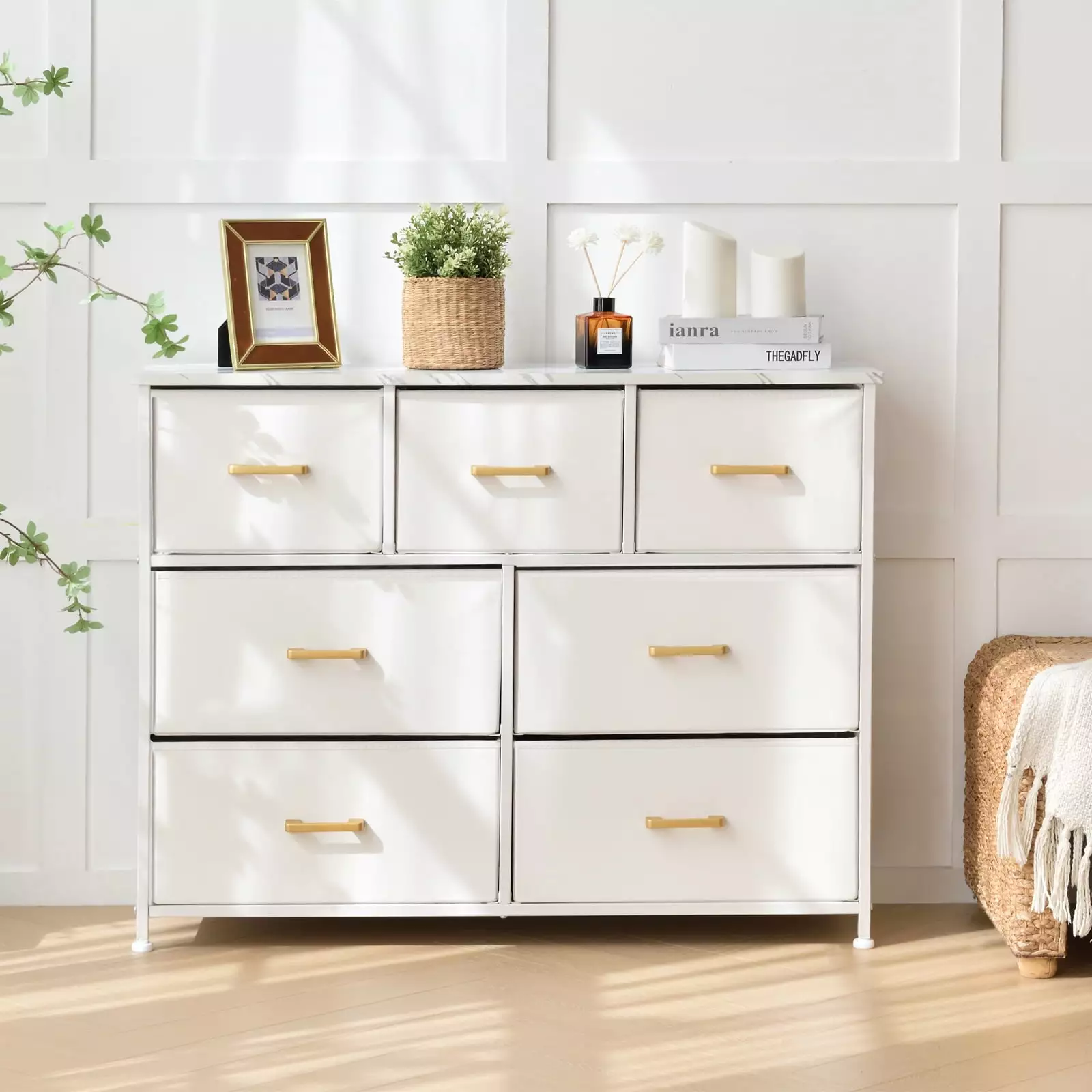Bigroof Dresser Bedroom TV Stand Chest Drawers Wood Top and Artificial Leather Storage Chest
