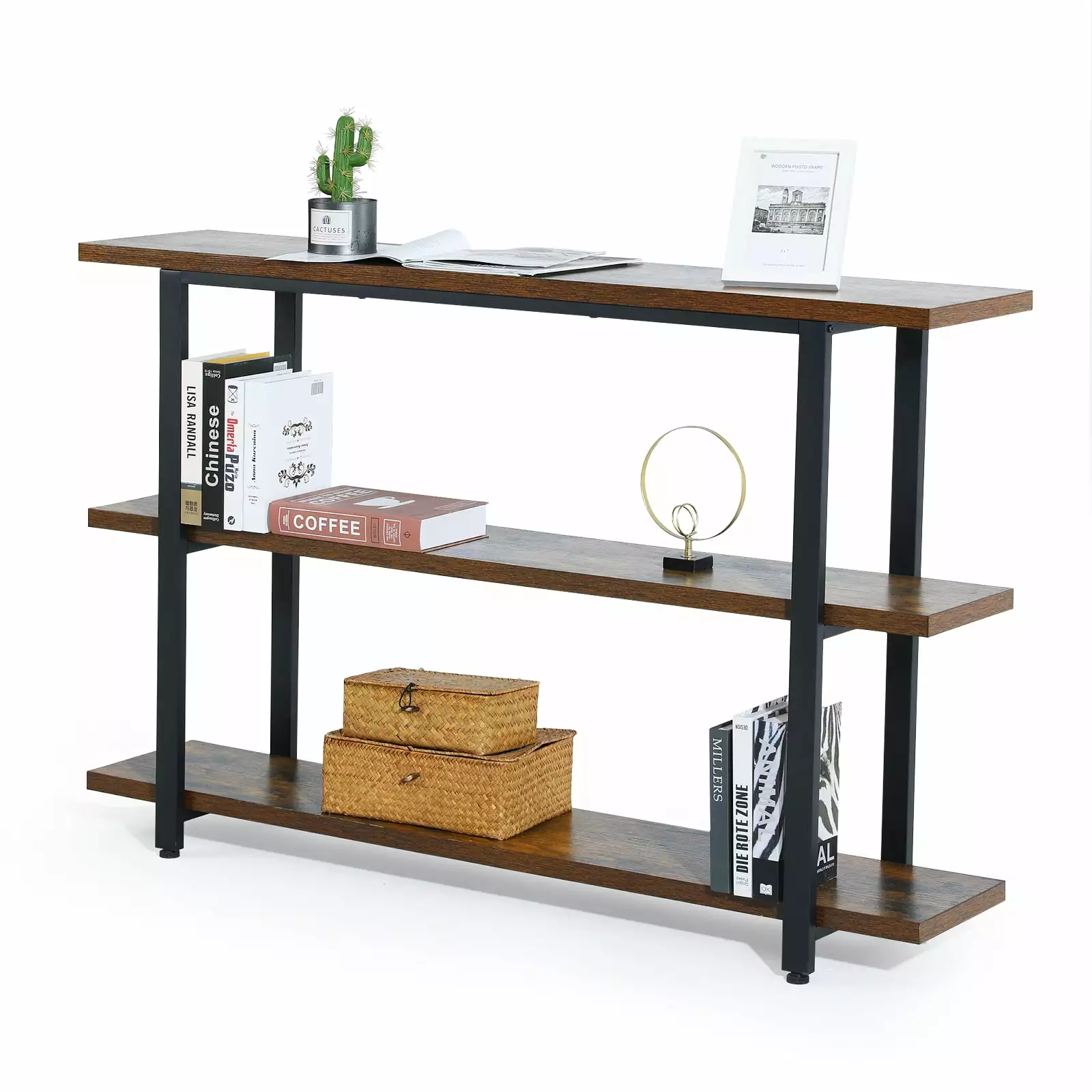 55 Inch Brown Entryway Console Table 3 Tiers Living Room and Foyer Console Evajoy