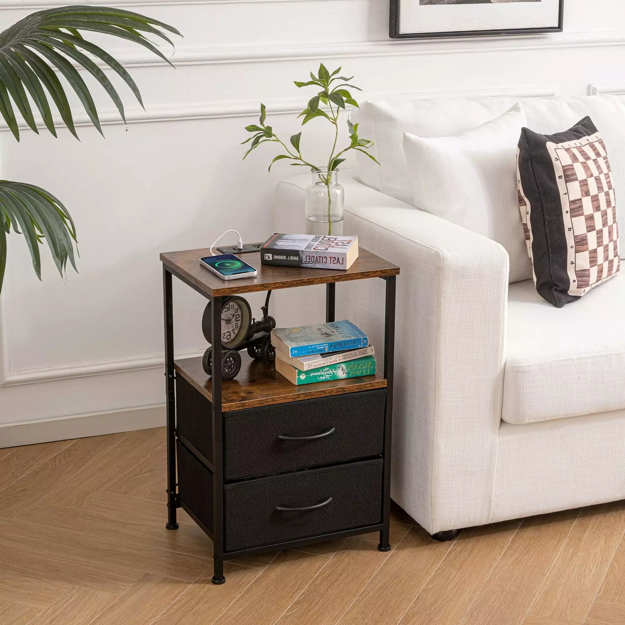 Bigroof Nightstand Charging Station LED Bedside Table Fabric Drawer 2-Tier Bed Side Table End Table Bedroom Living Room