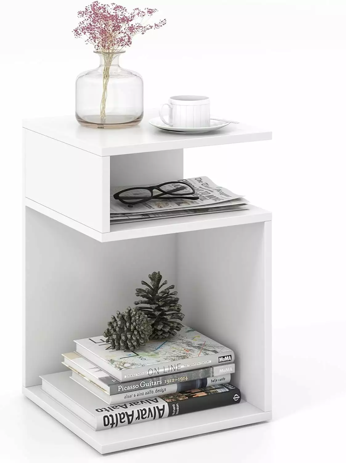 3-Tier Side Table S-Shaped End Table 2 Open Storage Compartments Modern Nightstand Small Spaces White JY