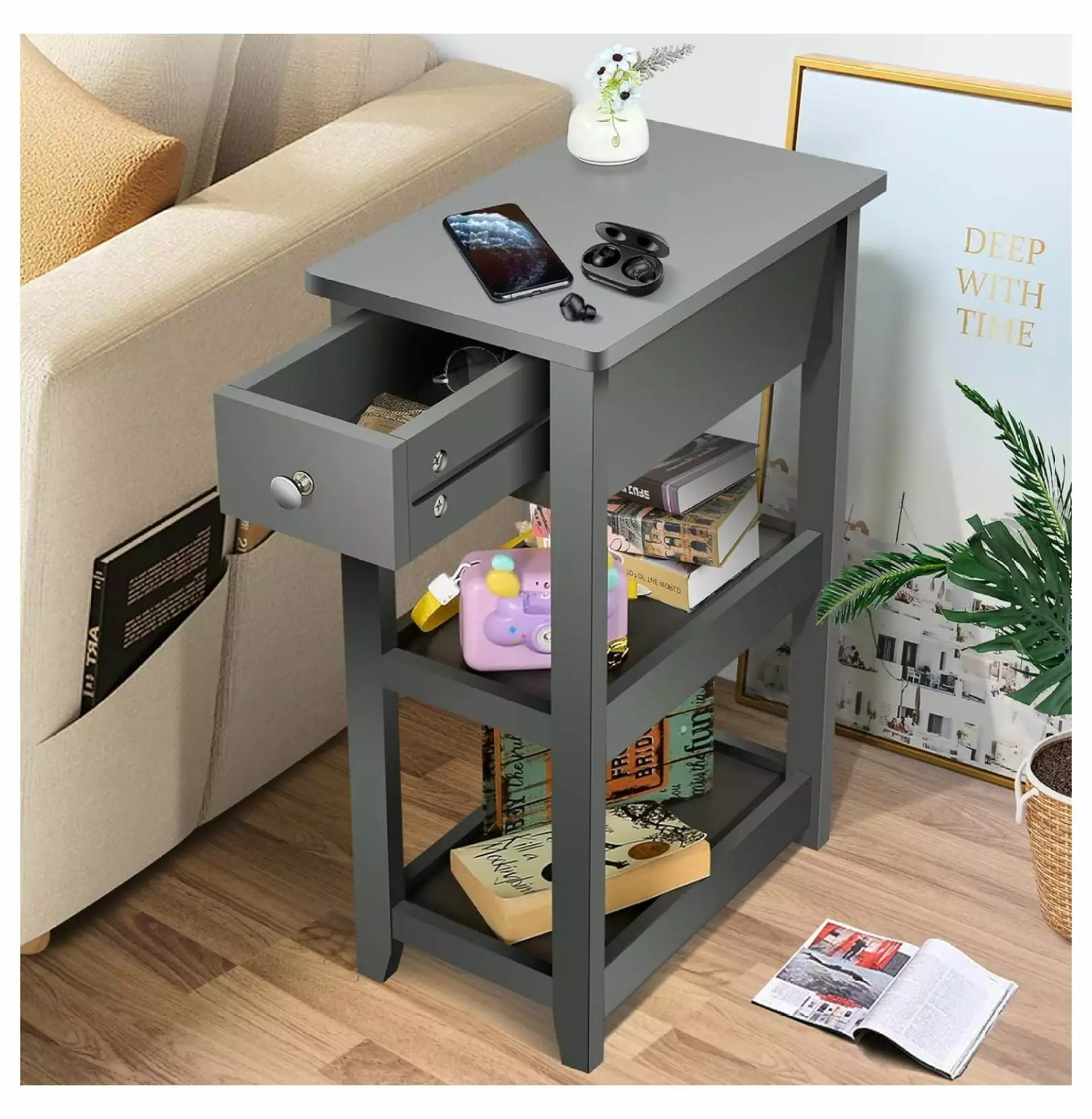 ZHAOTONG Grey 3-Tier Nightstand Drawer and 2 Shelves