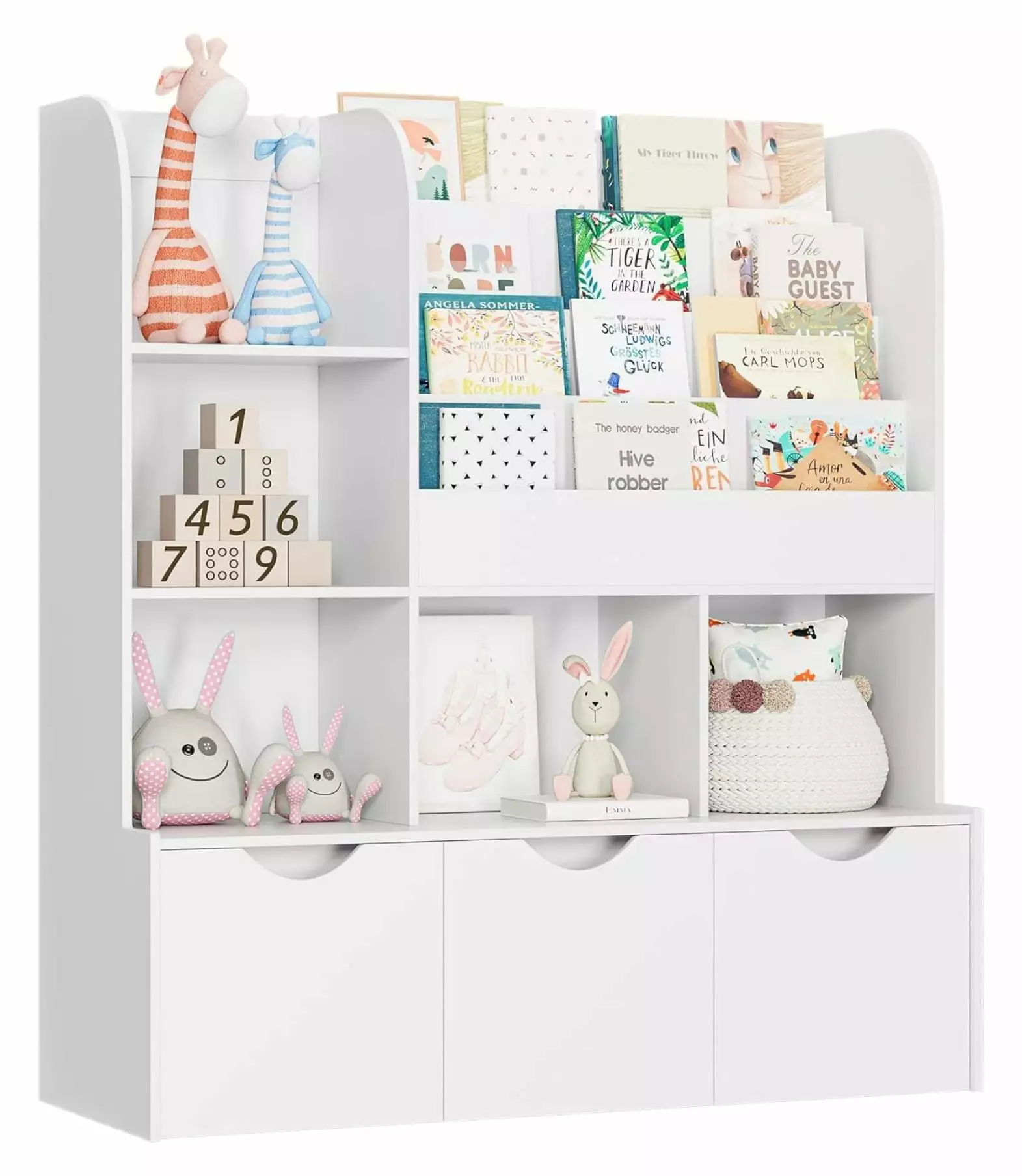 Bennium 47 Inch Kids Bookcase 5 Storage Cubbies and 3 Movable Drawers White