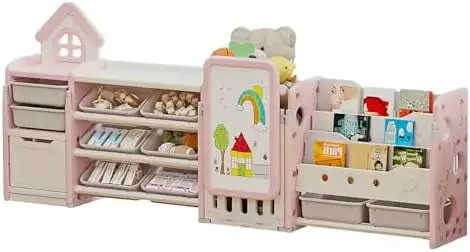 XINZHEN Kids Multifunctional Toy Storage Organizer 3-Tier Bookshelf Storage Rack Drawing Board L Shaped Organizer