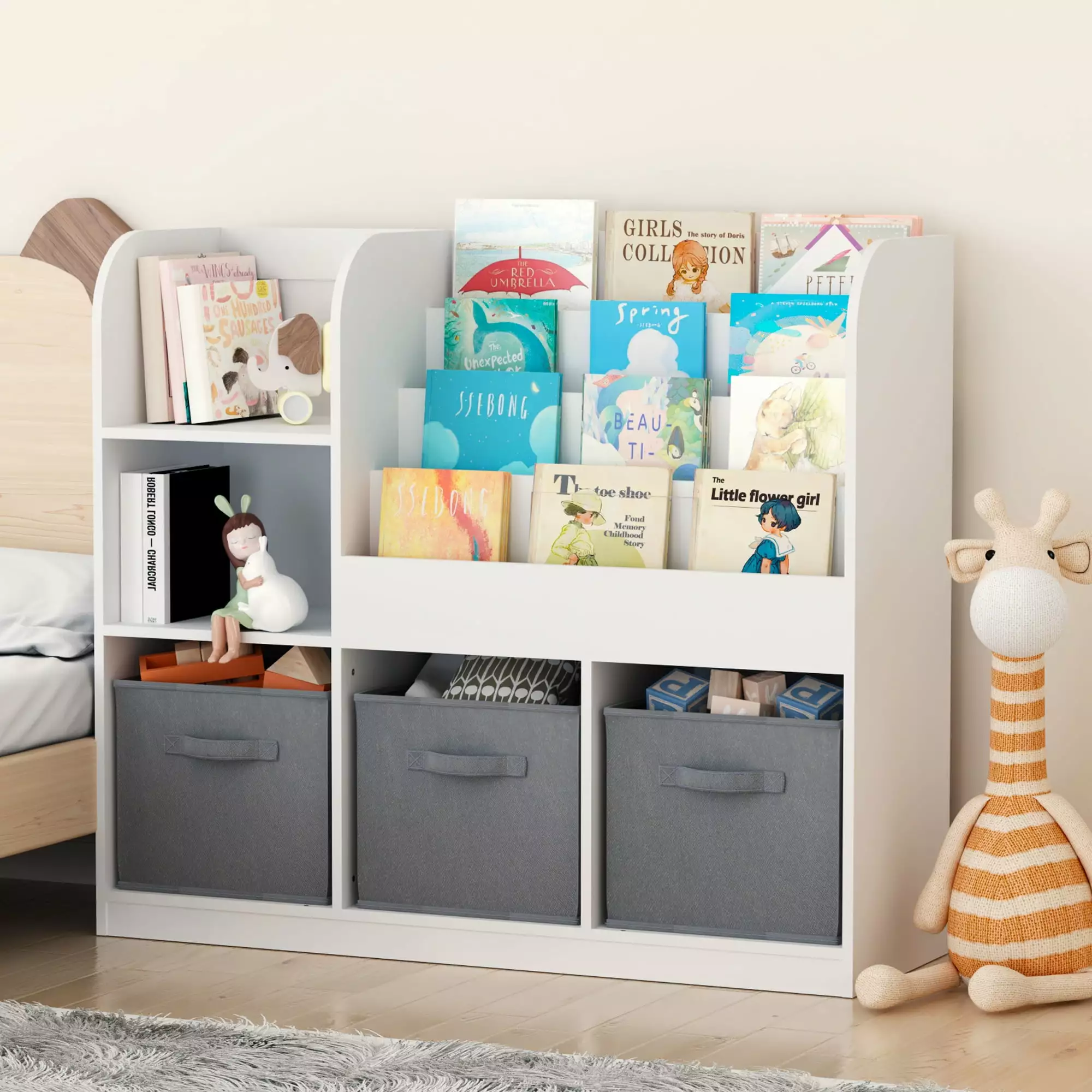Sesslife Kids Bookshelf Storage Multifunctional Nursery Book Shelves Toy Storage Cabinet 3 Movable Drawers and 4-Tier Disp...