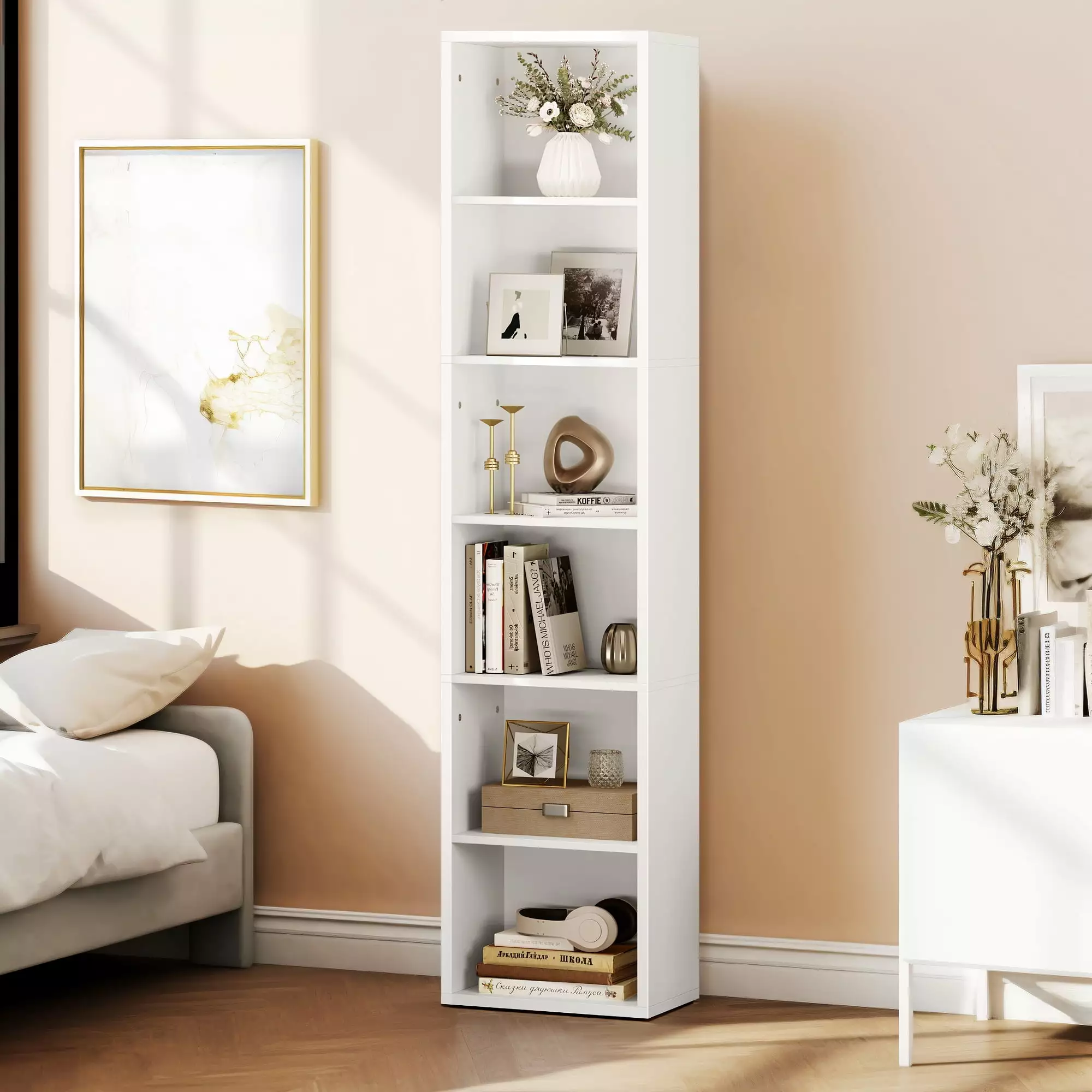 Dextrus 6-Tier Wood Bookshelf Narrow Bookcase Liquor Cabinet Bar Adjustable Shelves