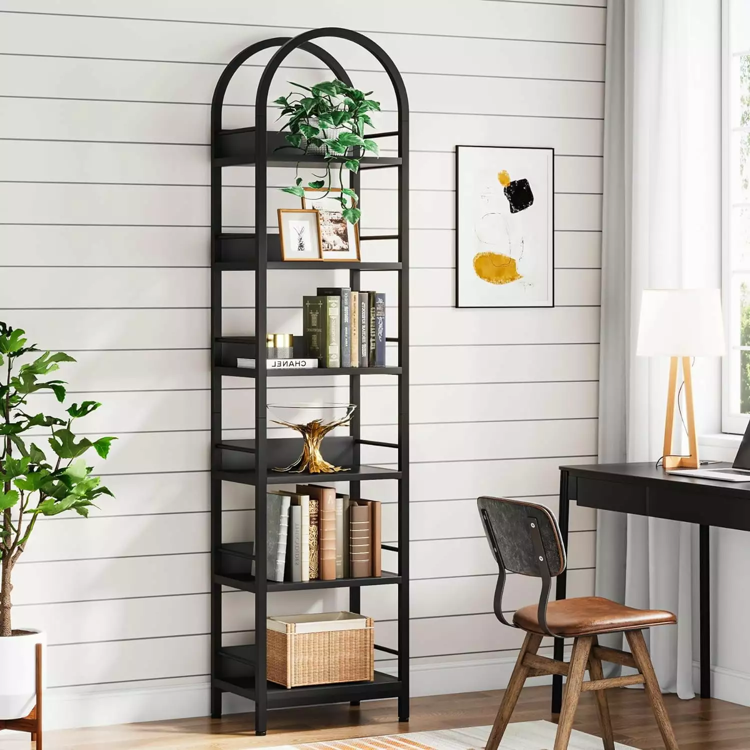 ZHIBING 6-Tier Open Bookshelf 78.7 Tall Arched Bookcase Narrow Bookshelf Metal Frame Living Room
