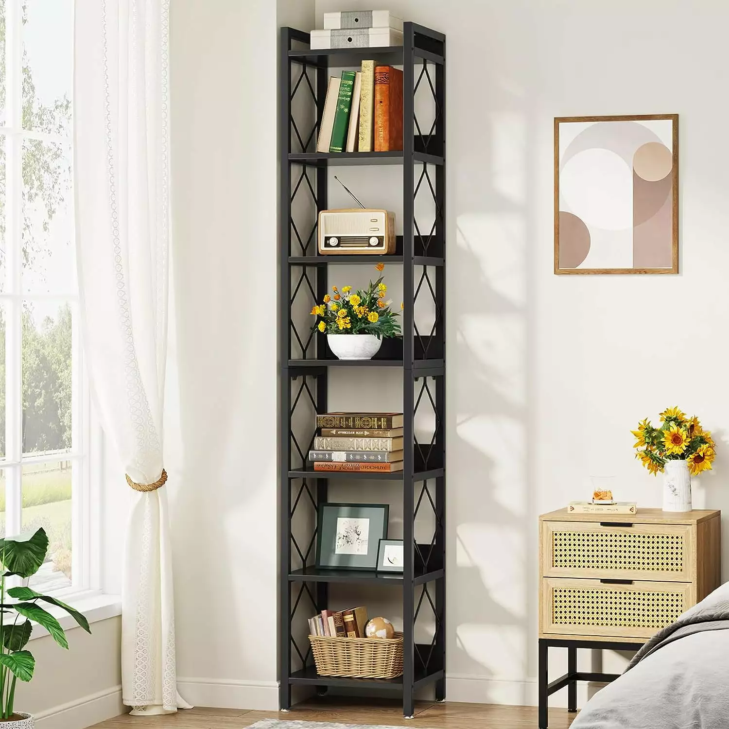 ZHIBING 78.7 Inch Extra Tall Narrow Bookshelf 7 Tier Skinny Bookcase Small Spaces Freestanding Display