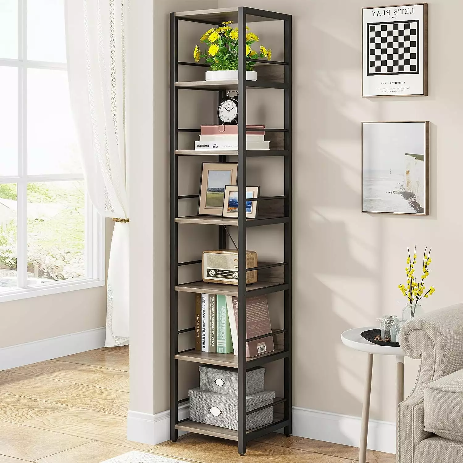 FJU 6-Tier Corner Shelf 75 Inch Tall Narrow Bookshelf Storage Rack Small Spaces