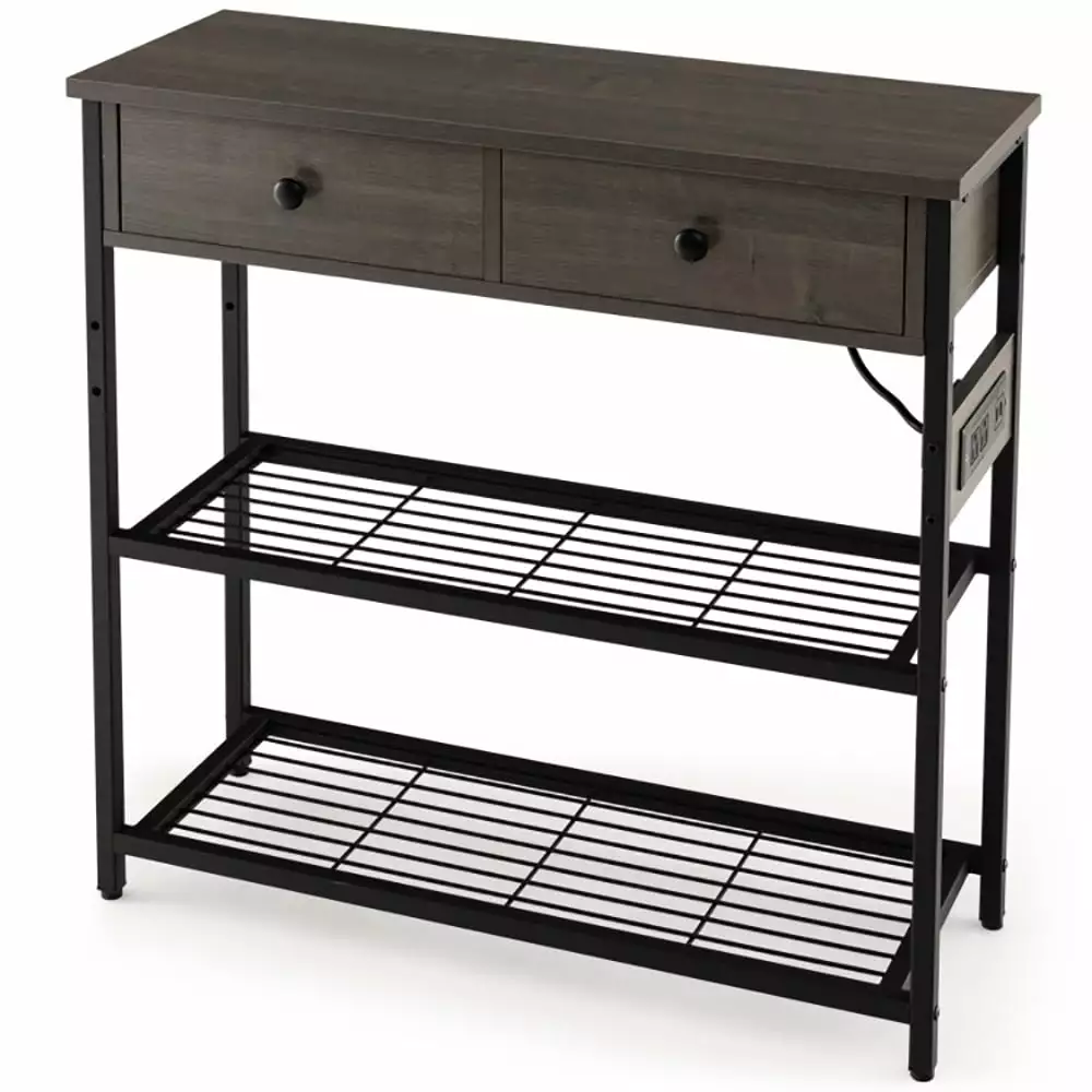Canddidliike Gray Narrow Console Table 2 Drawers and 2 Metal Mesh Shelves Foyer Entry Spaces Console