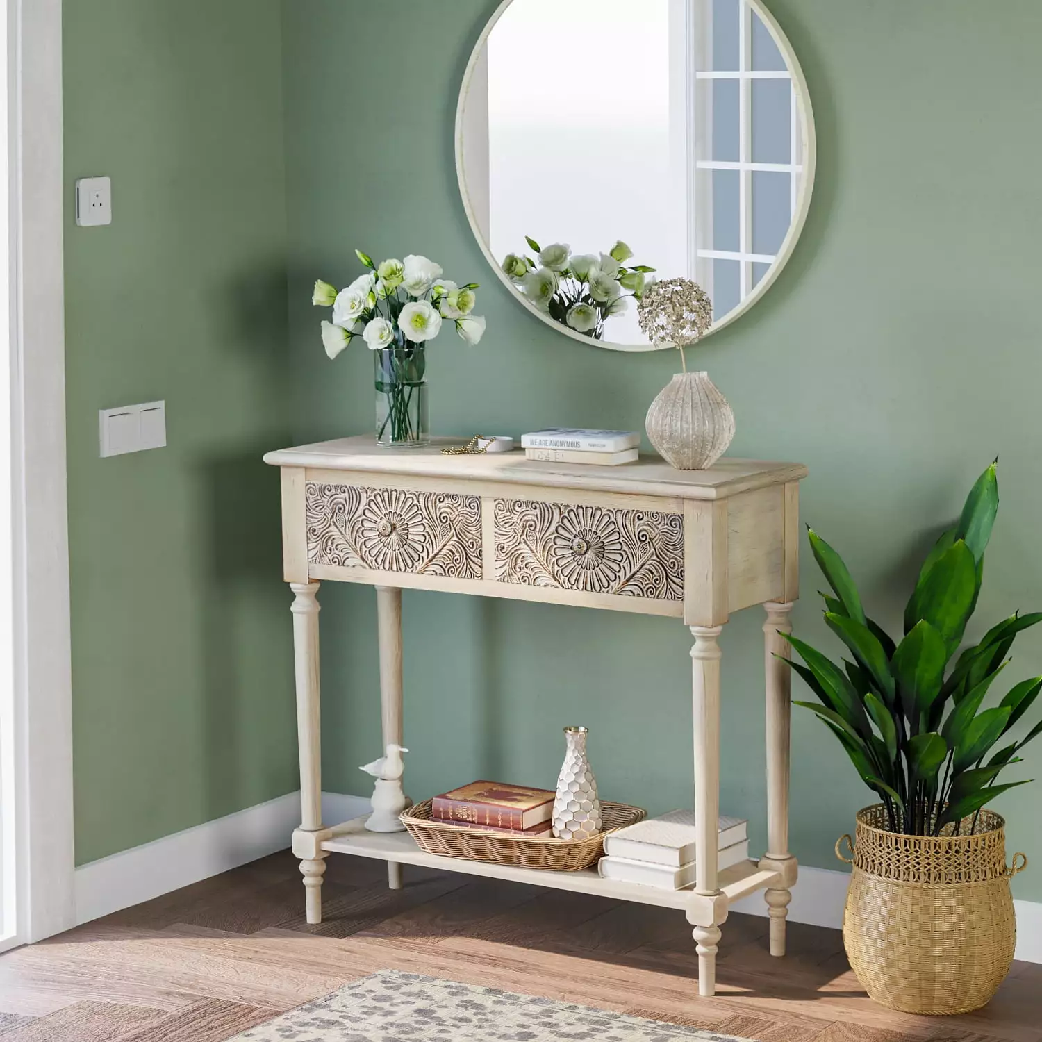 COSIEST Vintage Light Grey Distressed Solid Wood 2 Drawers Narrow Console Table Console