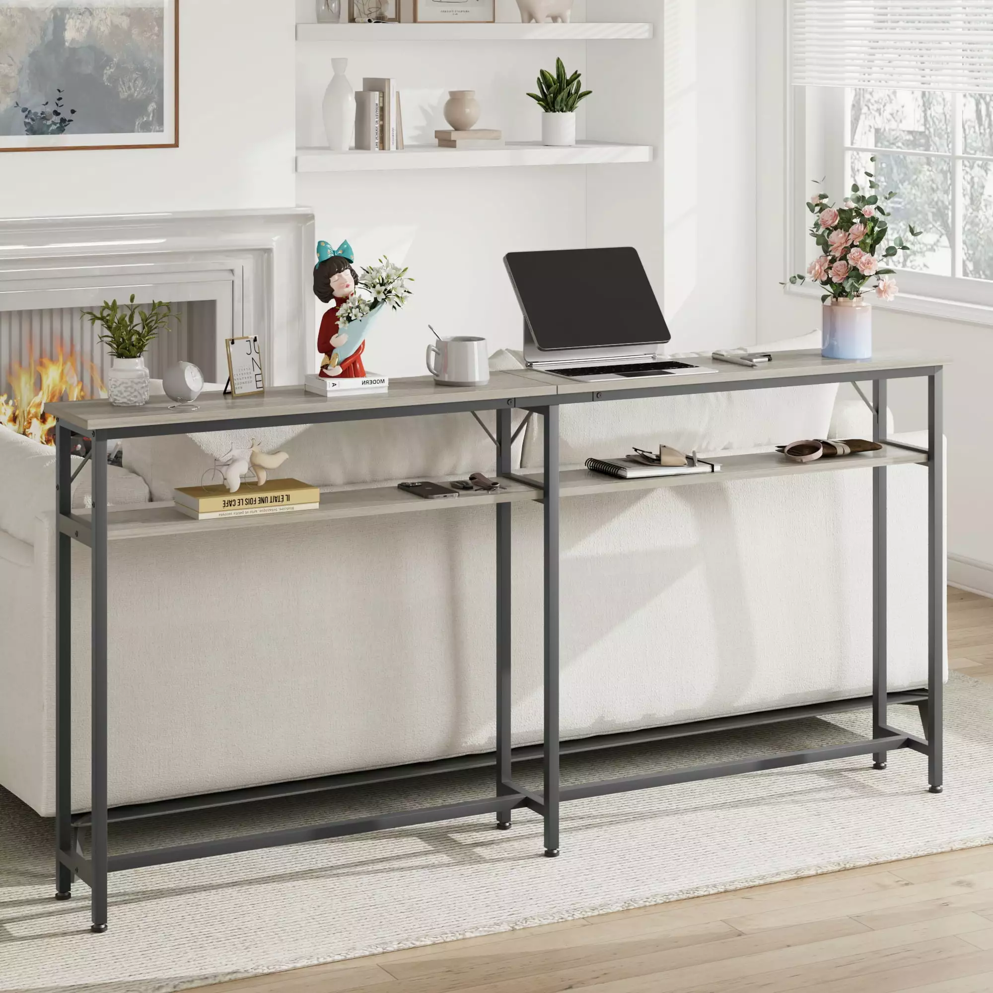 Foldlife Sofa Tables Narrow Long 2 Tier Grey Console Table Storage Behind Couch Console