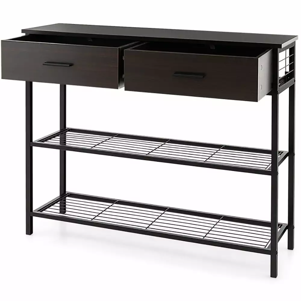 Yardi Yard 39.5 Inch Dark Brown Narrow Console Table 2 Drawers and 2-Tier Shelves Entryway Hallway Console