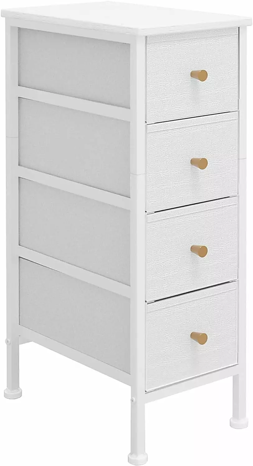 Narrow 4-Drawer Slim Fabric Dresser Leather Front Wood Top Small Spaces Bedroom Bathroom H&H