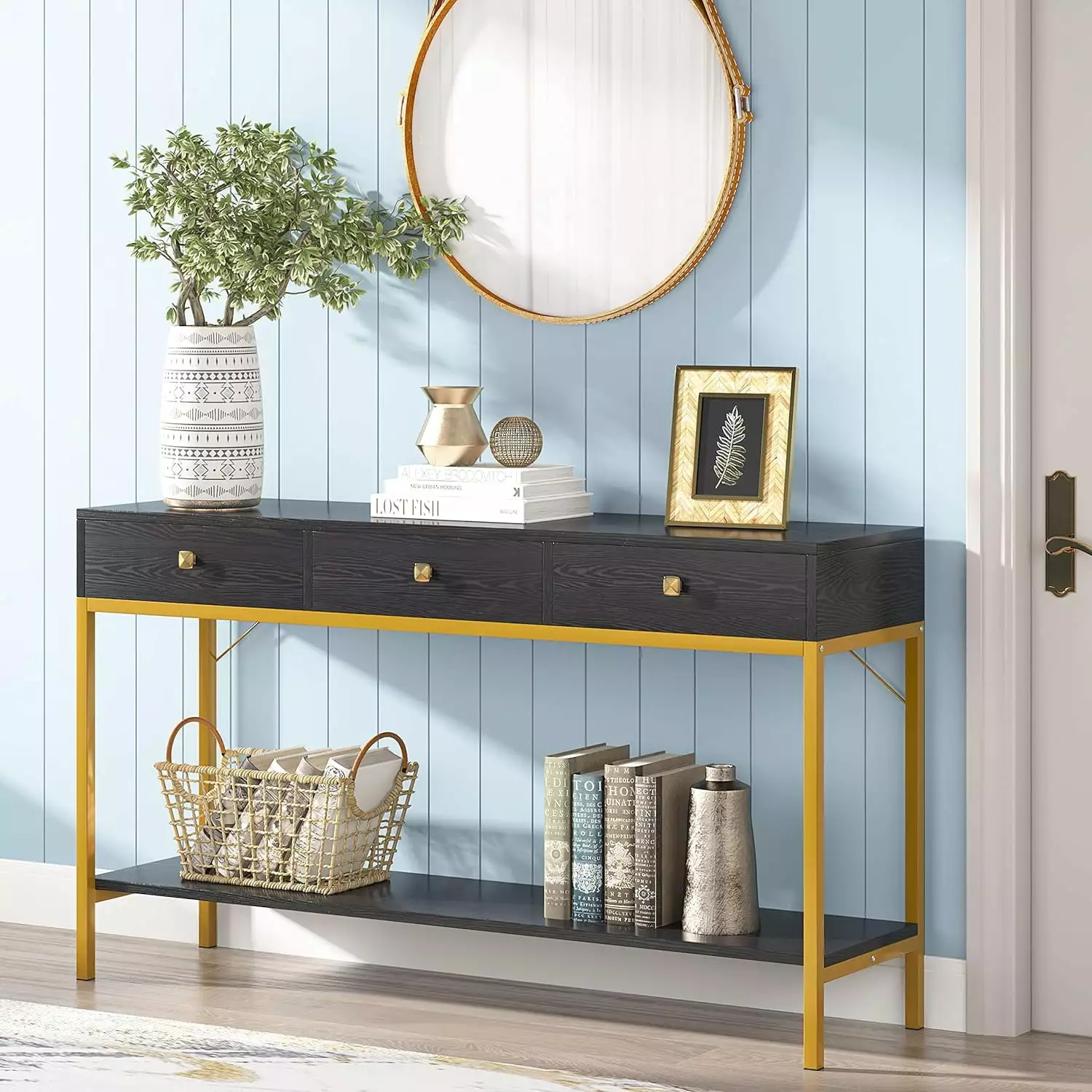 Homhougo Console Table Drawers and Storage Shelves Narrow Long Sofa Entryway Table Console