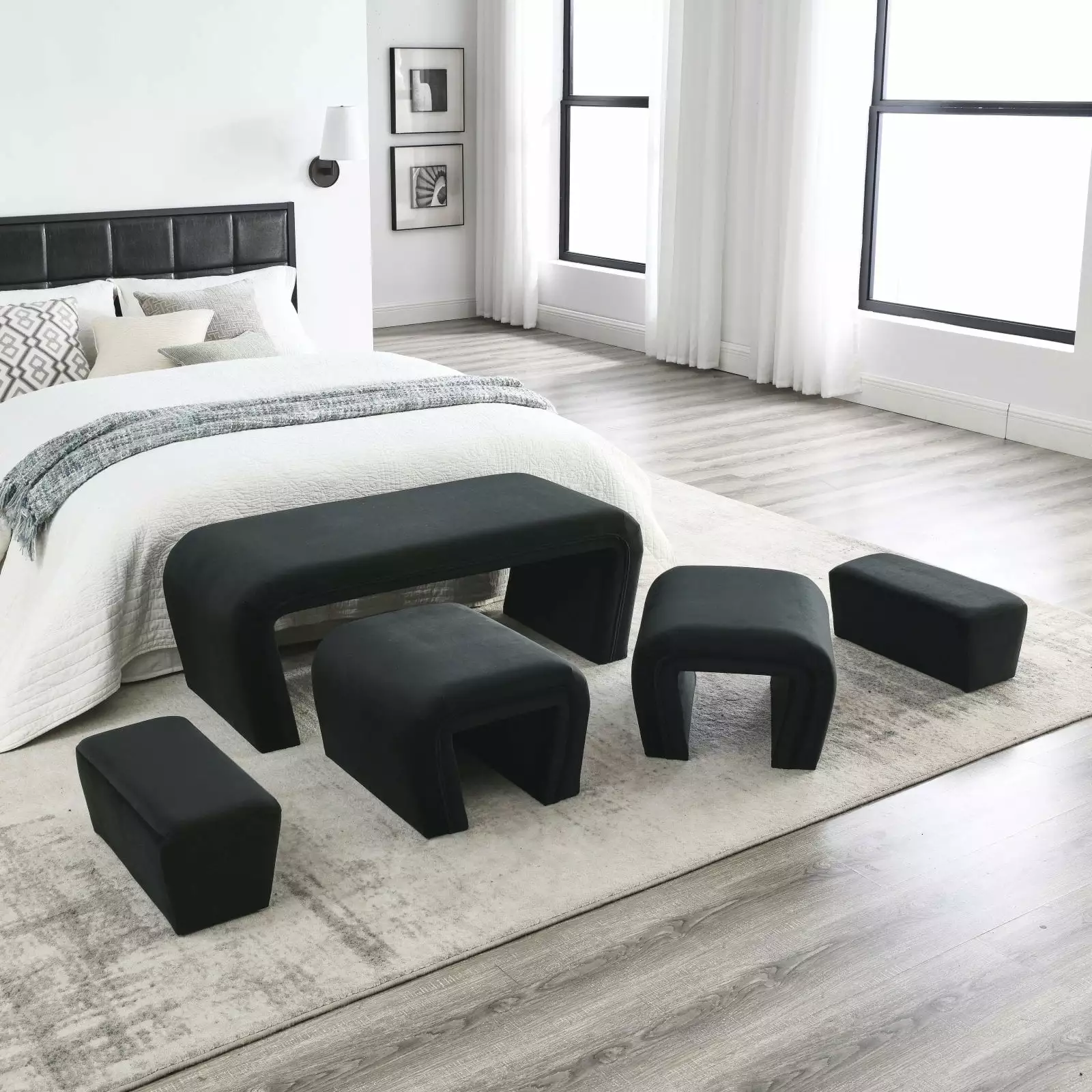 Modern Nesting Bench 46 Inch Velvet Upholstered Black Contemporary Space Saver Benches Ponnky