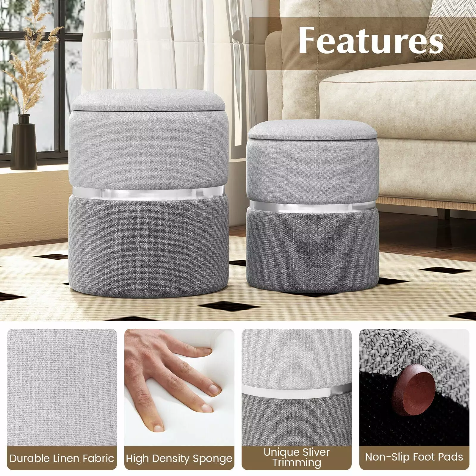 Amijoy Height Ottoman Set 2 Upholstered Nesting Stool Storage Velvet Linen Ottomans