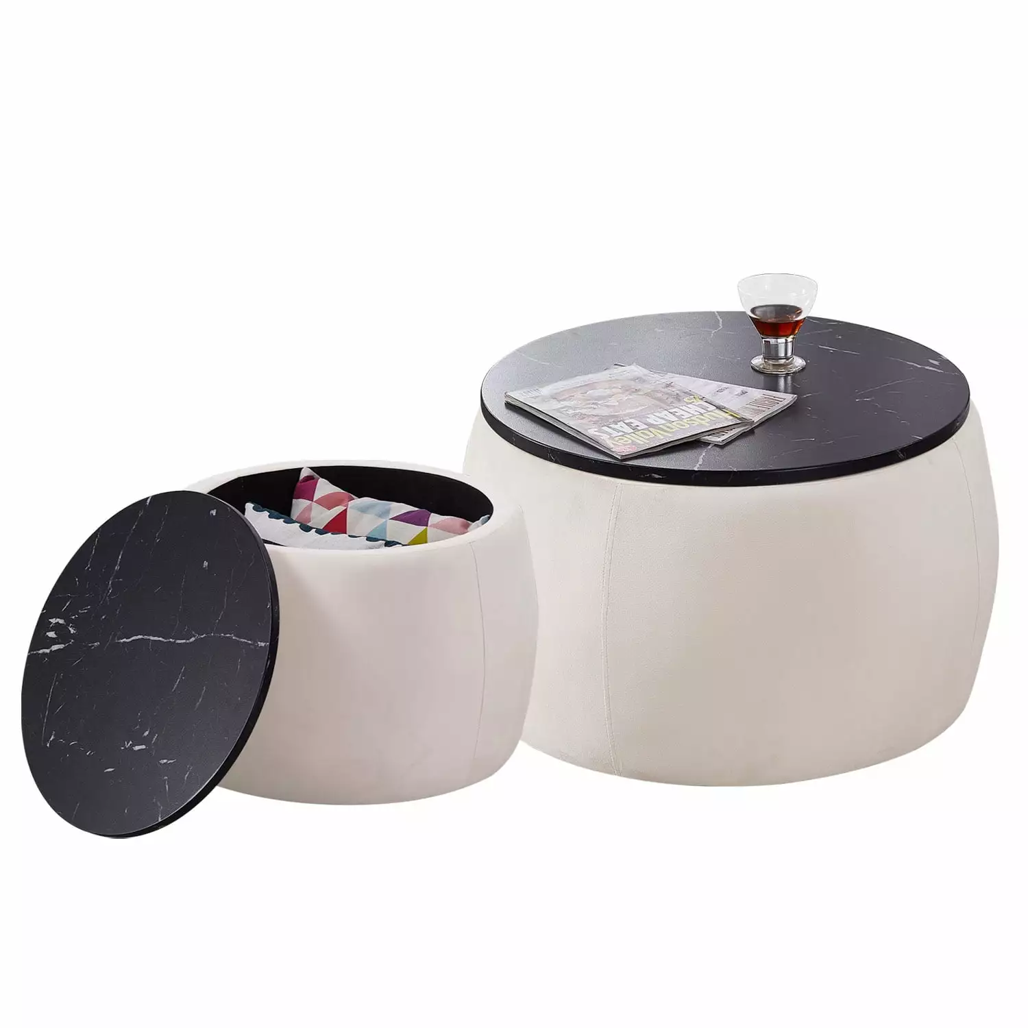 CoSoTower Set 2 Nesting Round Storage Ottomans MDF Cover Beige Ottomans
