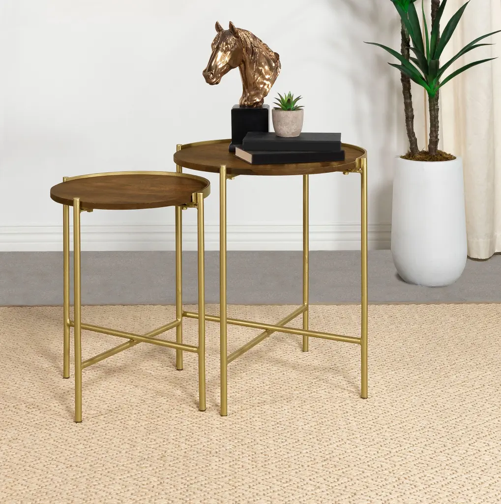 Malka 2-Piece Round Nesting Table Set Dark Brown and Gold Accent Tables
