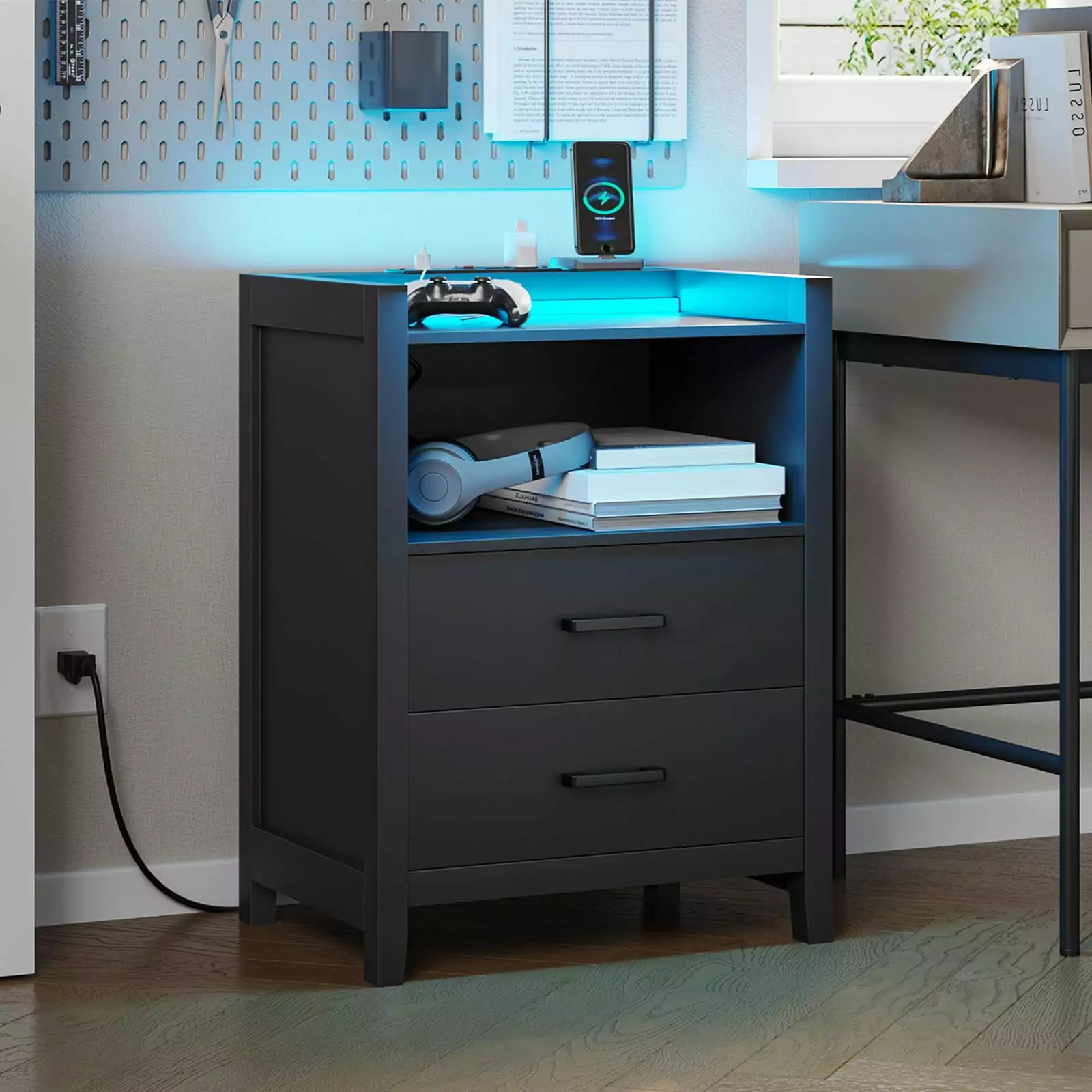 Afuhokles Nightstand LED Light and Charging Station 2 Drawers Modern Bedside Table Black