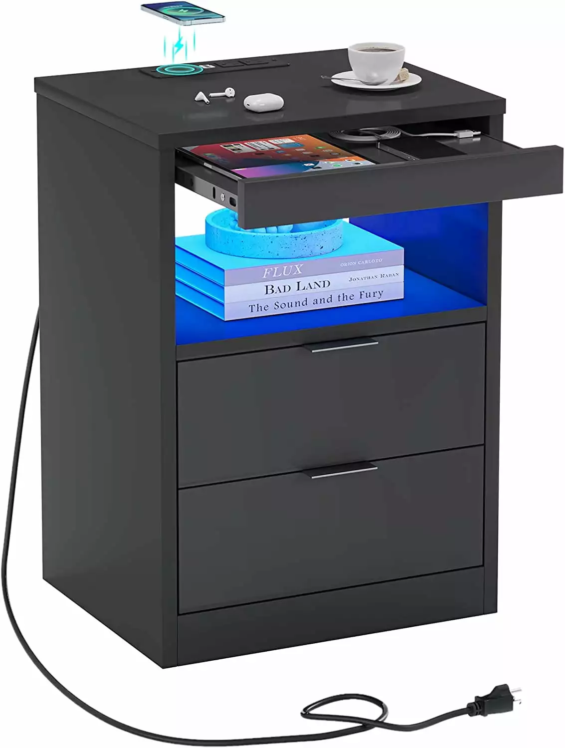 Afuhokles Nightstand Wireless Charging Station 2 Drawers Bedside Table LED Lights Black