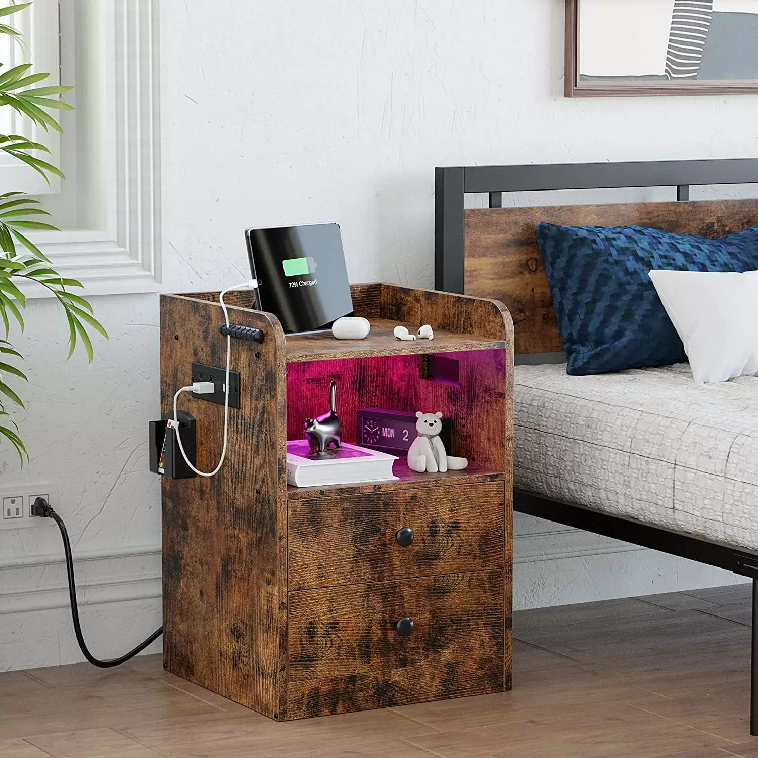 LIKIMIO Nightstand Charging Station LED 2 Drawers Vintage Brown Wood Rustic Bedside Table