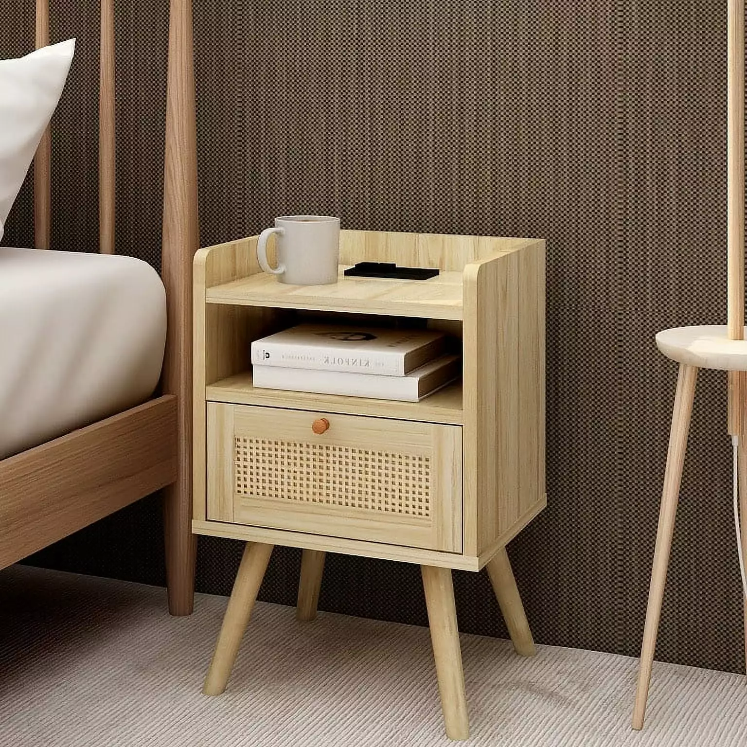 Stufurhome Natural Handmade Rattan Nightstand 2 AC Outlet 2 USB Ports 1 Type C Port Bedside Table Solid Wood Feet