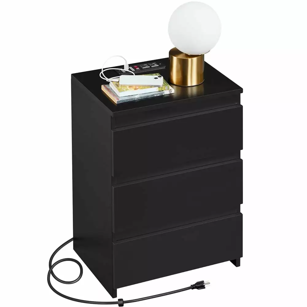 Topeakmart 24H 3-Drawer Vertical Nightstand Charging Station Bedroom Black