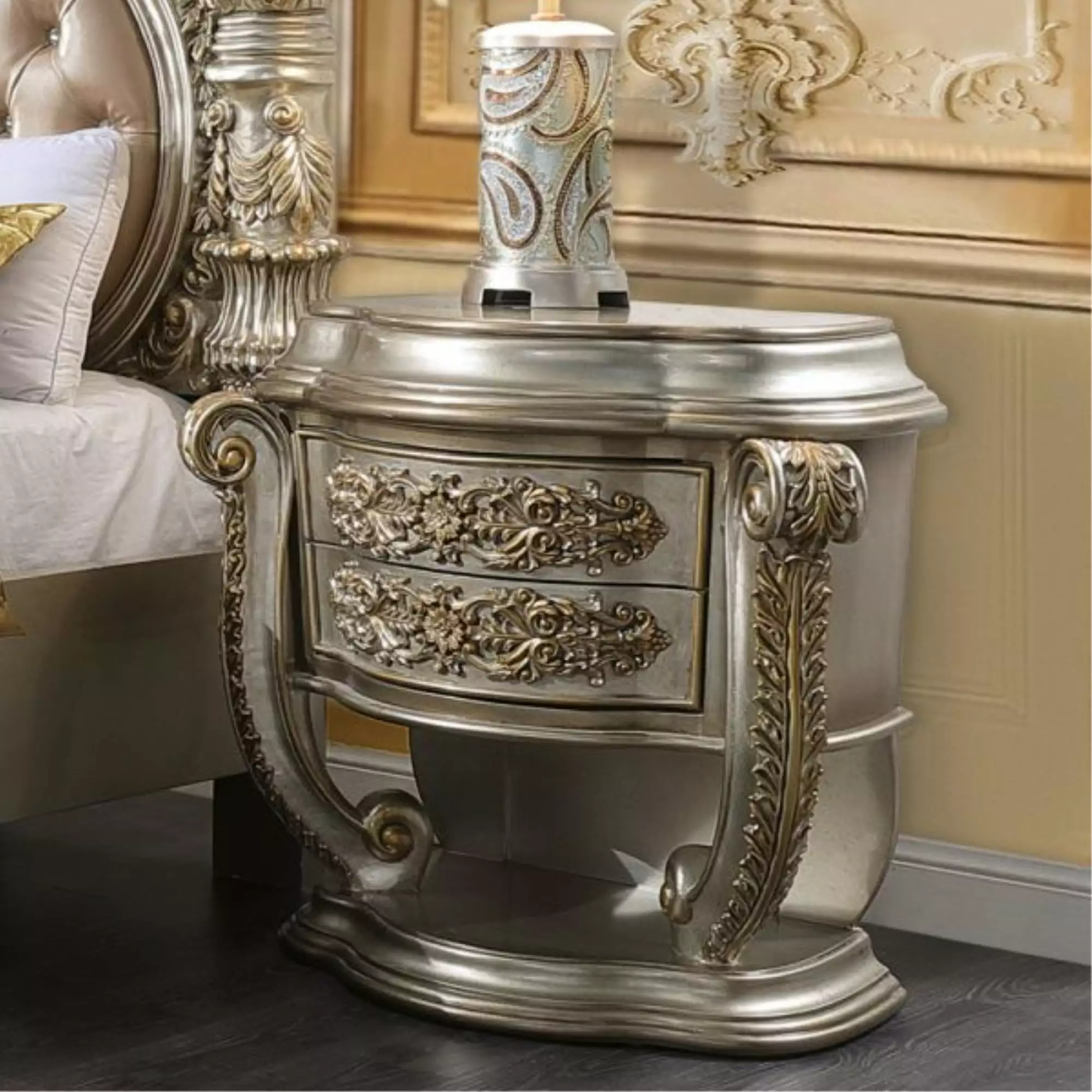 Danae Nightstand Champagne & Gold Finish - Elegant Bedroom Side Table Drawer Acme Furniture