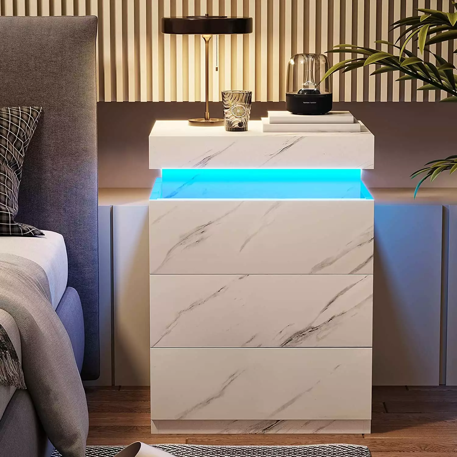 Afuhokles LED Nightstand Charging Station Sliding Top Bedside Table White