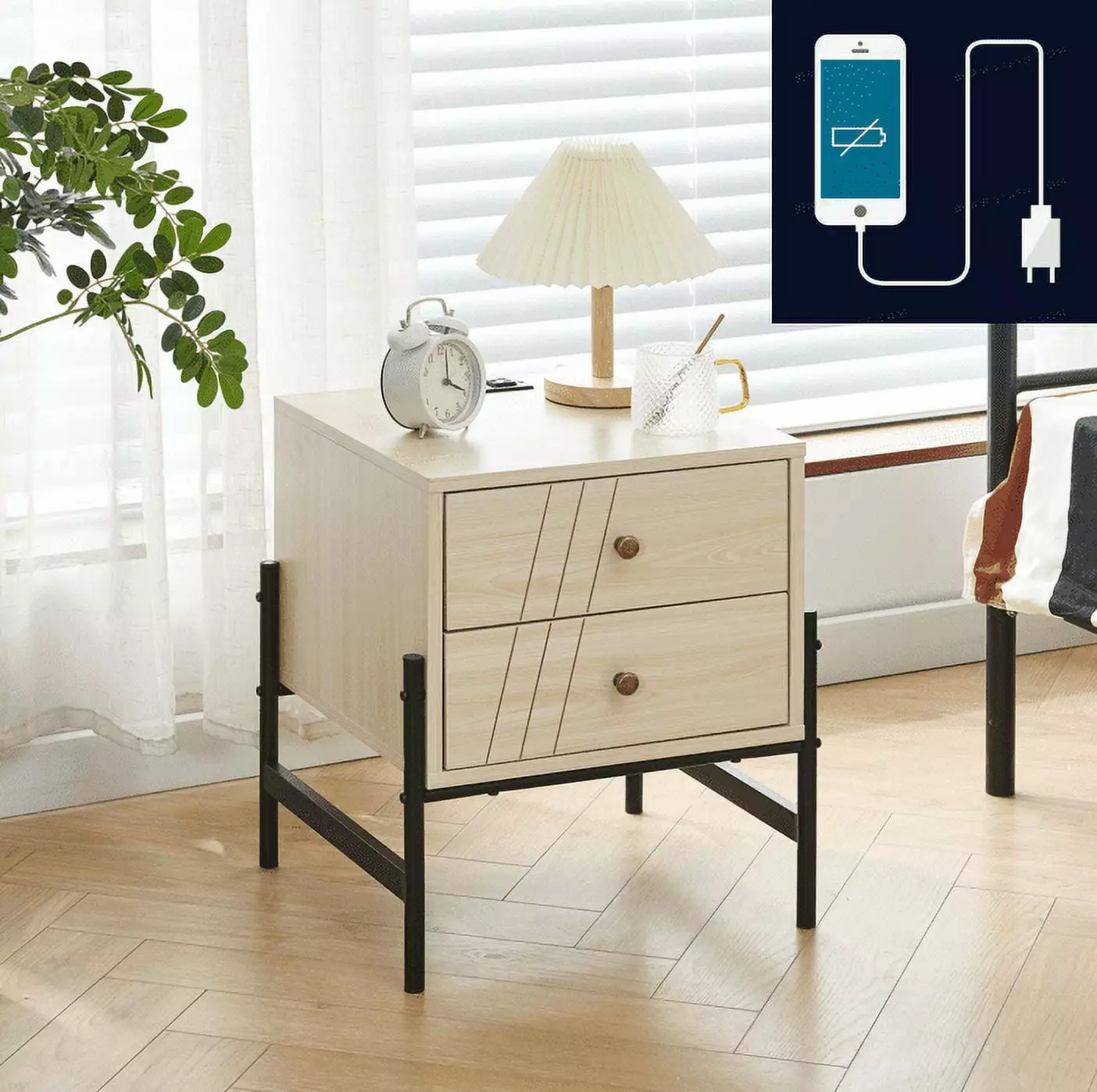 Ansley&HosHo Nightstand Charging Station Side Table End Table Storage Drawer Handle Smooth Slide Rail Wood Natural