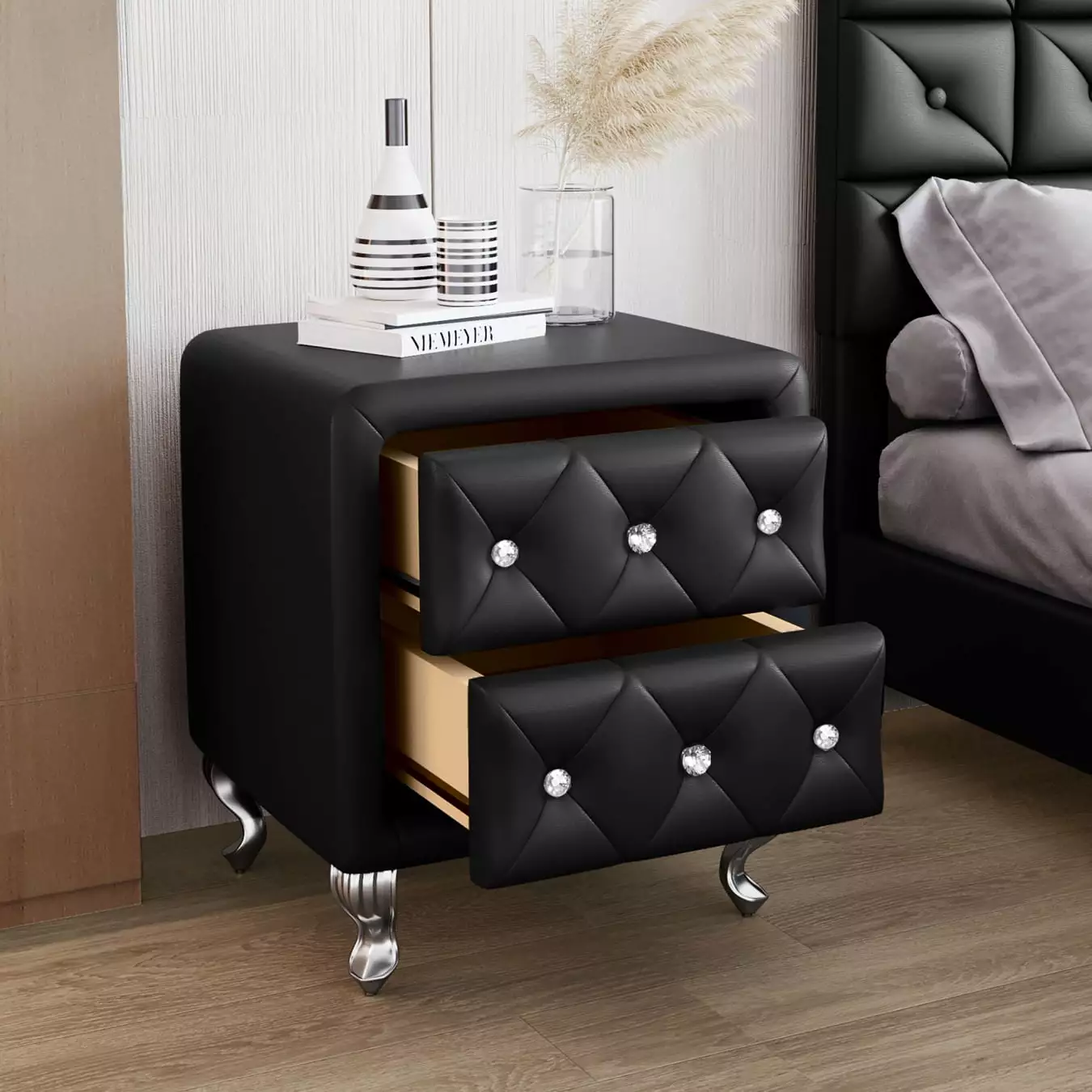 Upholstered Storage Bedside Cabinet 2 Drawers Crystal Handles Metal Legs Nightstand ARCTICSCORPION