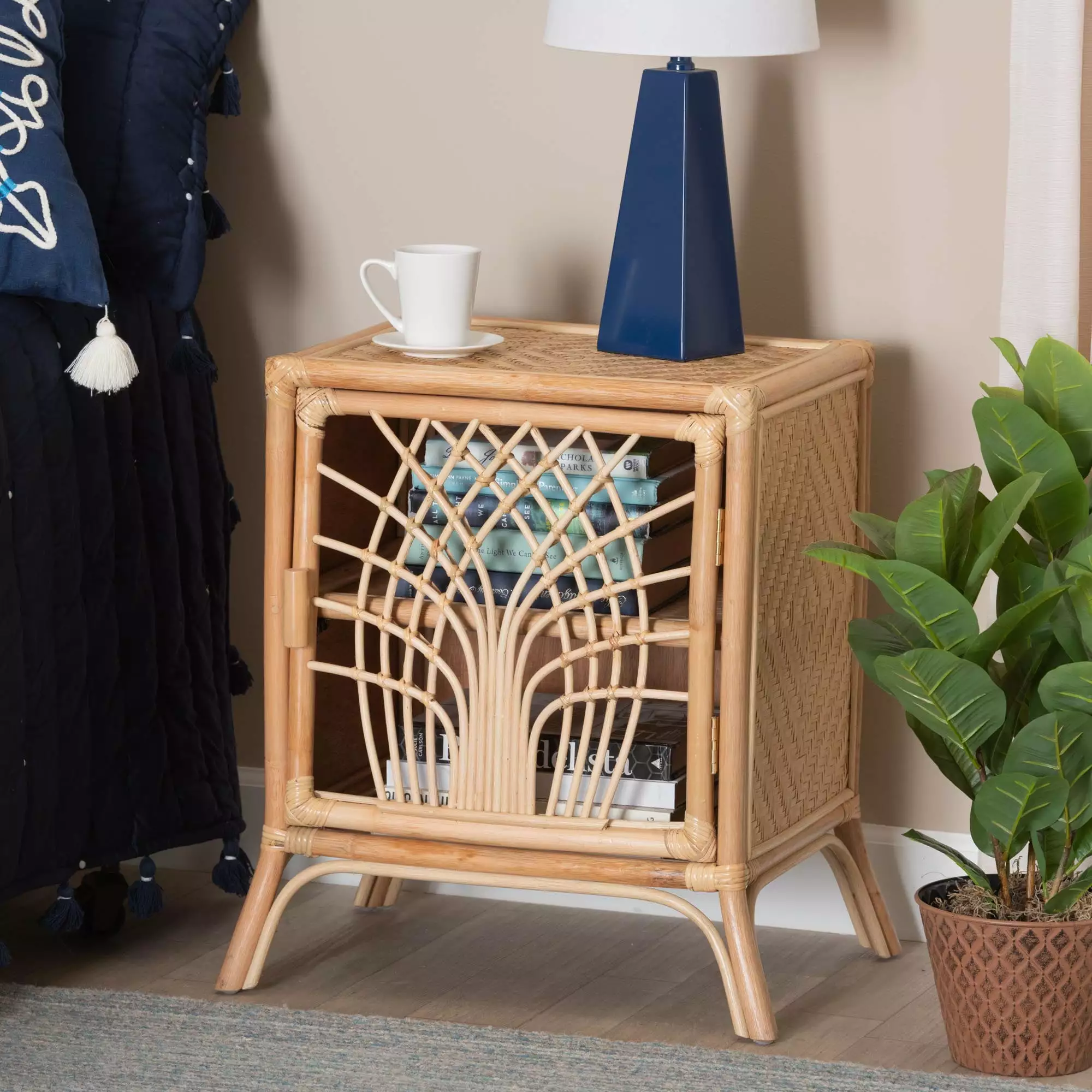 bali & pari Danna Rattan BOHO Natural Brown 1-Door Nightstand