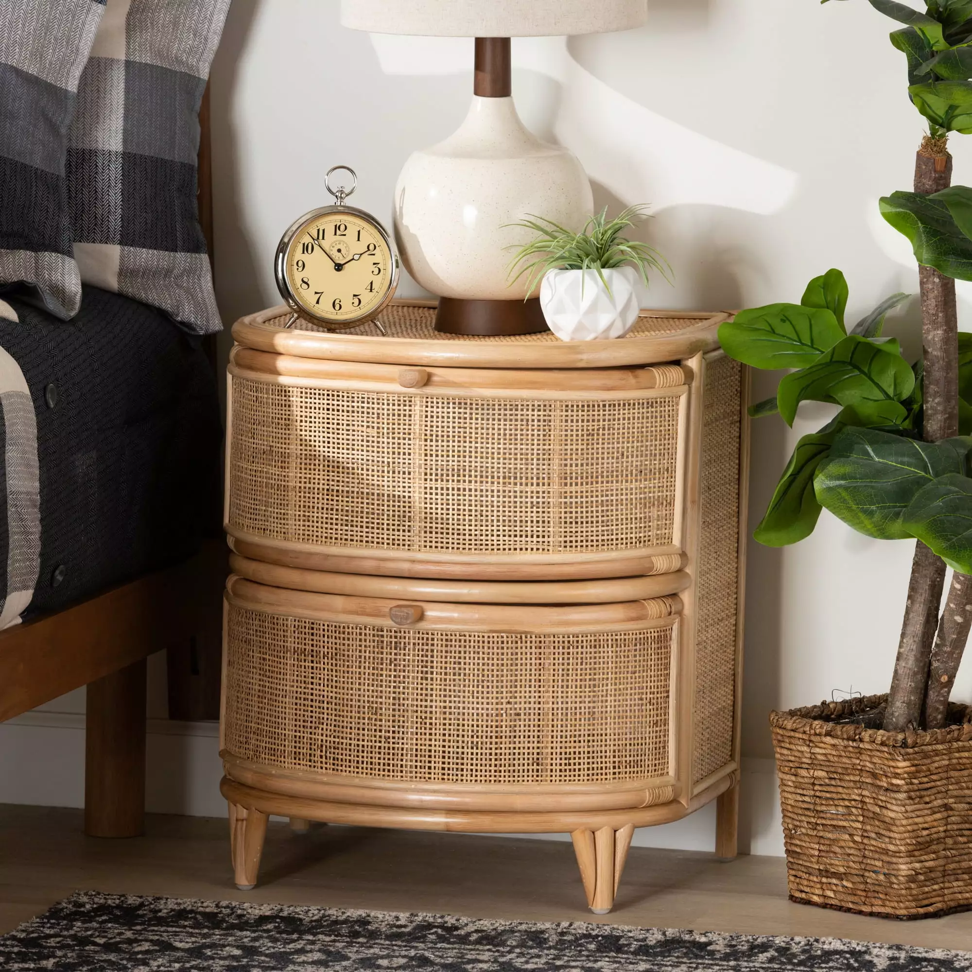 bali & pari Oleta Rattan BOHO Nightstand 2-Drawer Natural Brown Bedroom