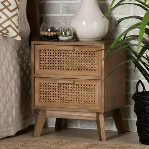 Baden Mid-Century Modern Walnut Brown 2-Drawer Nightstand Rattan Accent Baxton Studio