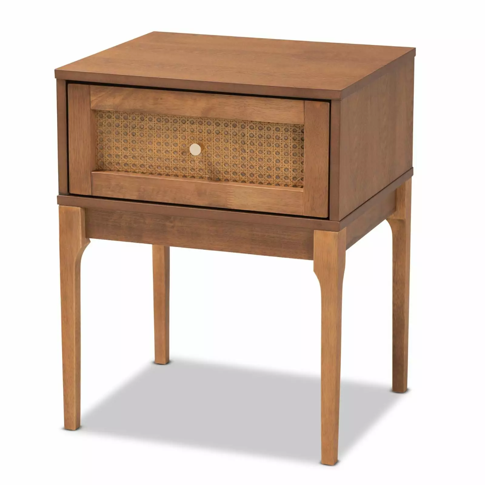 Baxton Studio Ramiel Ash Walnut Finished Wood and Rattan 1-Drawer Nightstand