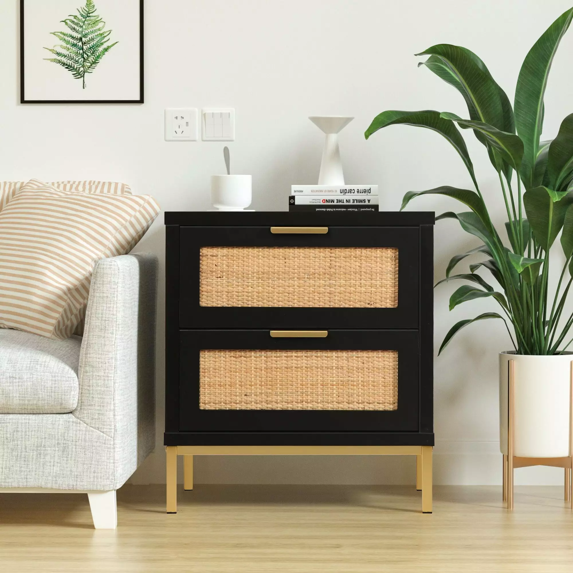 Anmytek 2-Drawer Farmhouse Black Wood Rattan Nightstand Bedside Table Bedroom Bed Bath & Beyond