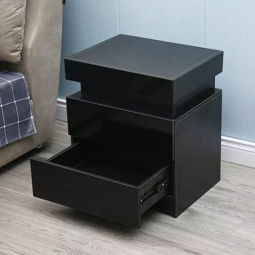 Black Modern LED Nightstand High Gloss 2 Drawers Bedside End Table BloomVivid